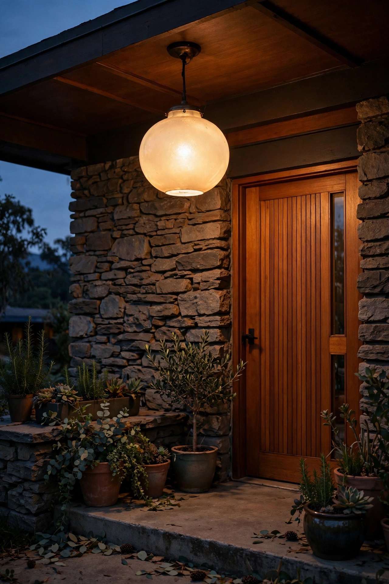 Opal glass globe pendant light glowing softly over a mid-century modern porch entry with stone wall and potted plants at dusk