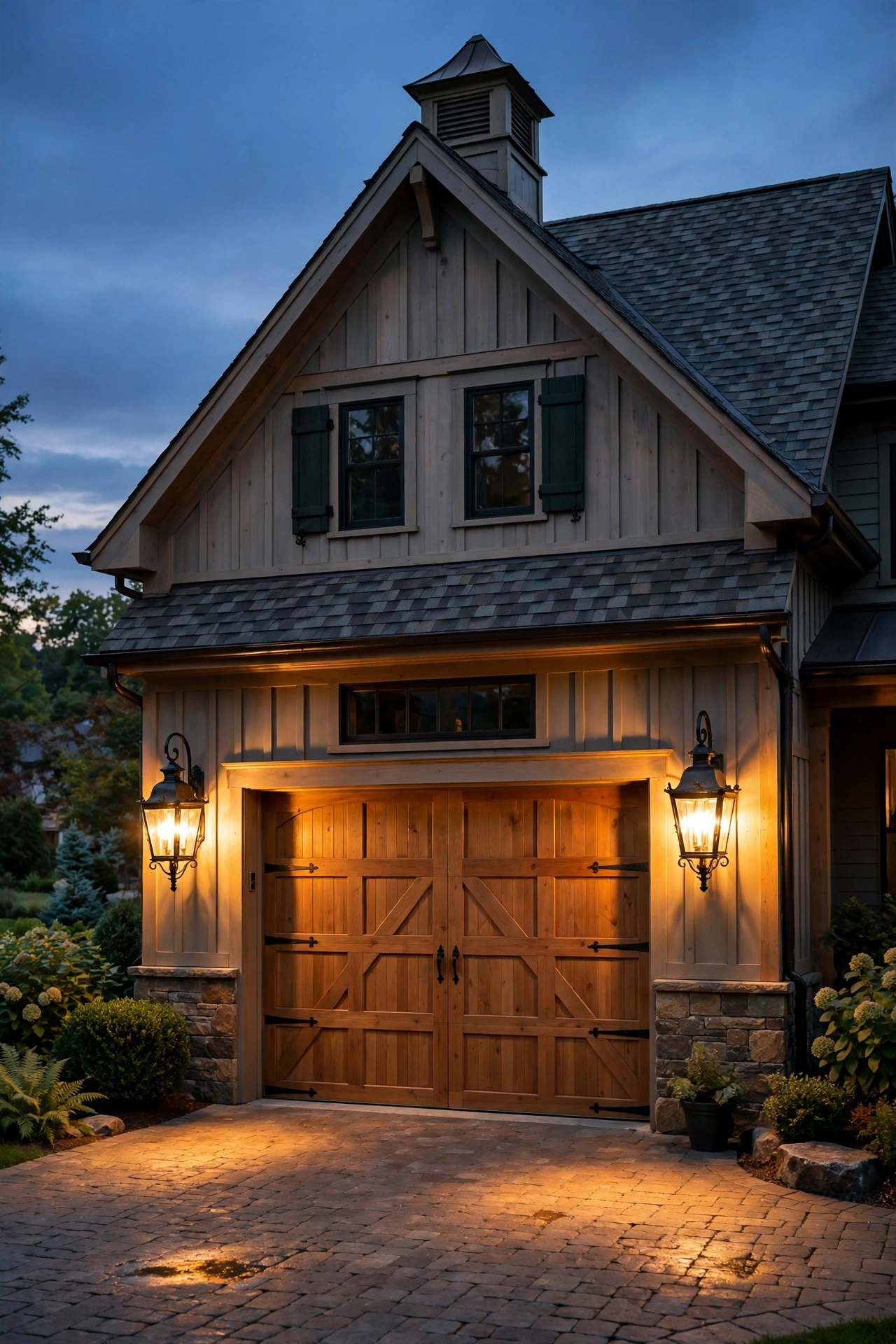 Tall gabled garage with oversized carriage lanterns flanking the door, glowing warmly at dusk