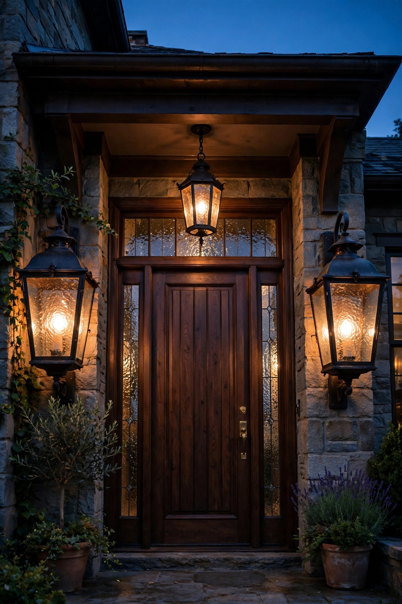 Oversized seeded-glass lanterns flanking a tall front door with a matching hanging lantern in the portico at dusk