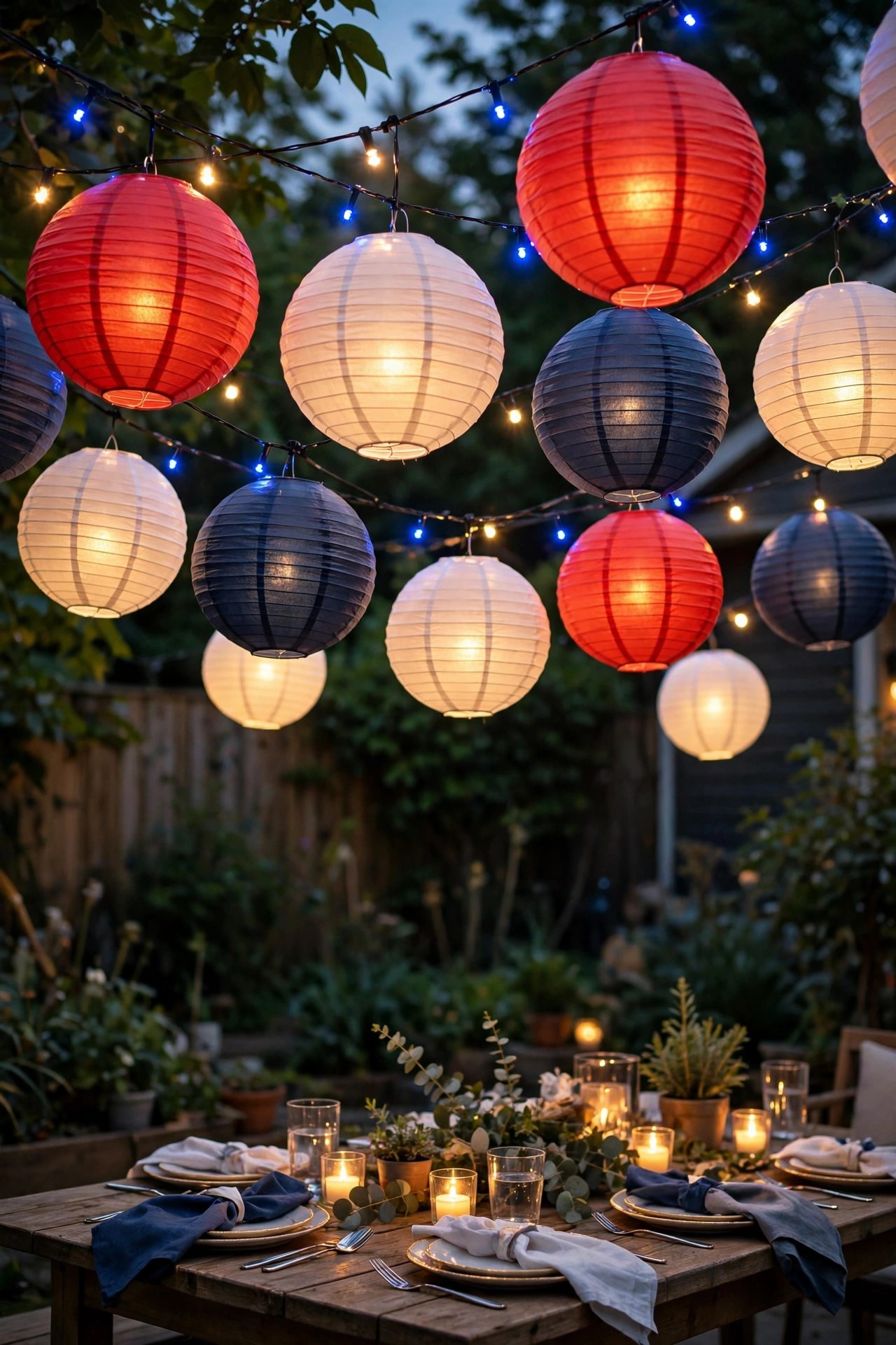 Battery-powered paper lanterns glowing softly above a cozy balcony seating corner at dusk