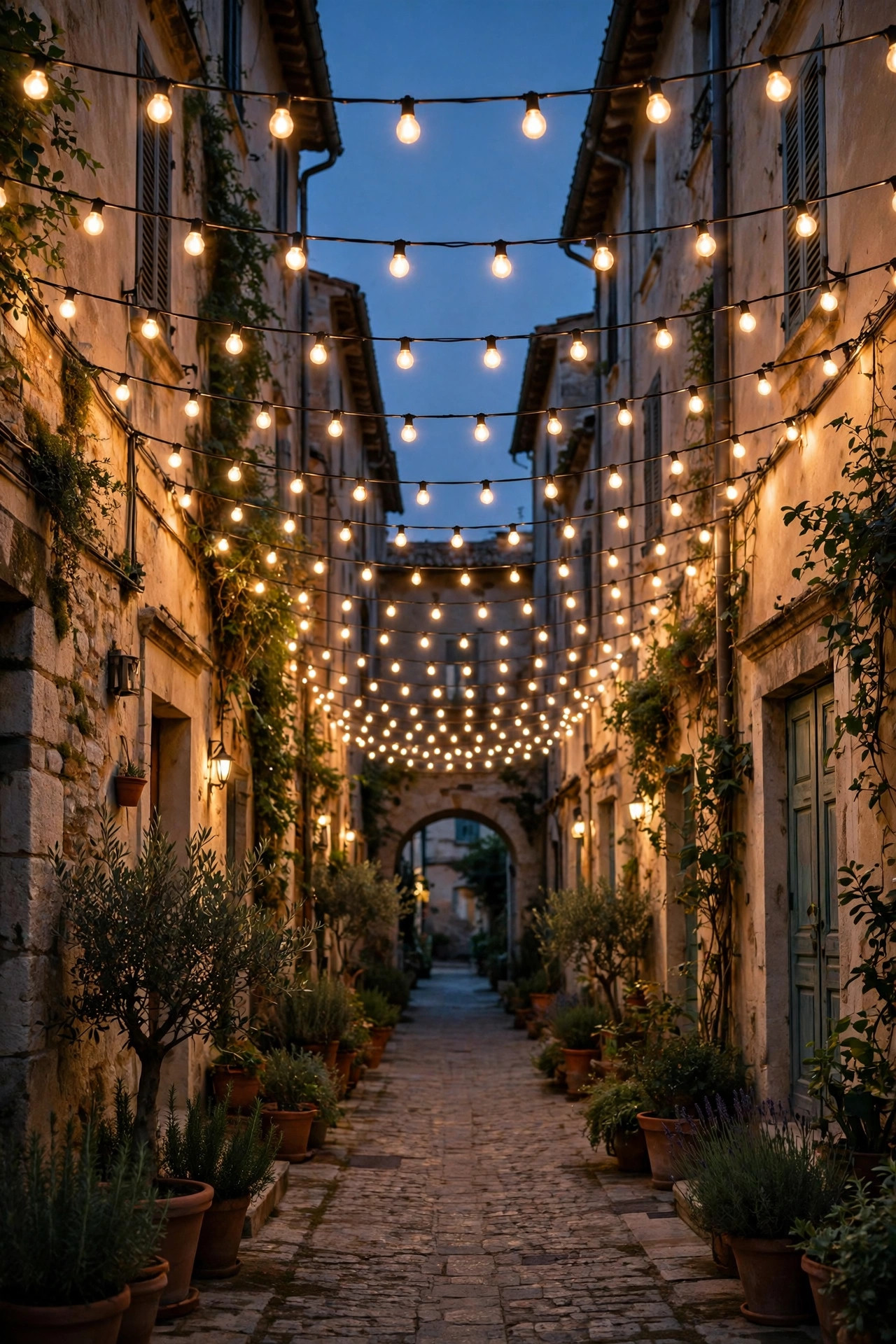 Parallel rows of string lights forming a glowing ceiling over a long narrow courtyard walkway