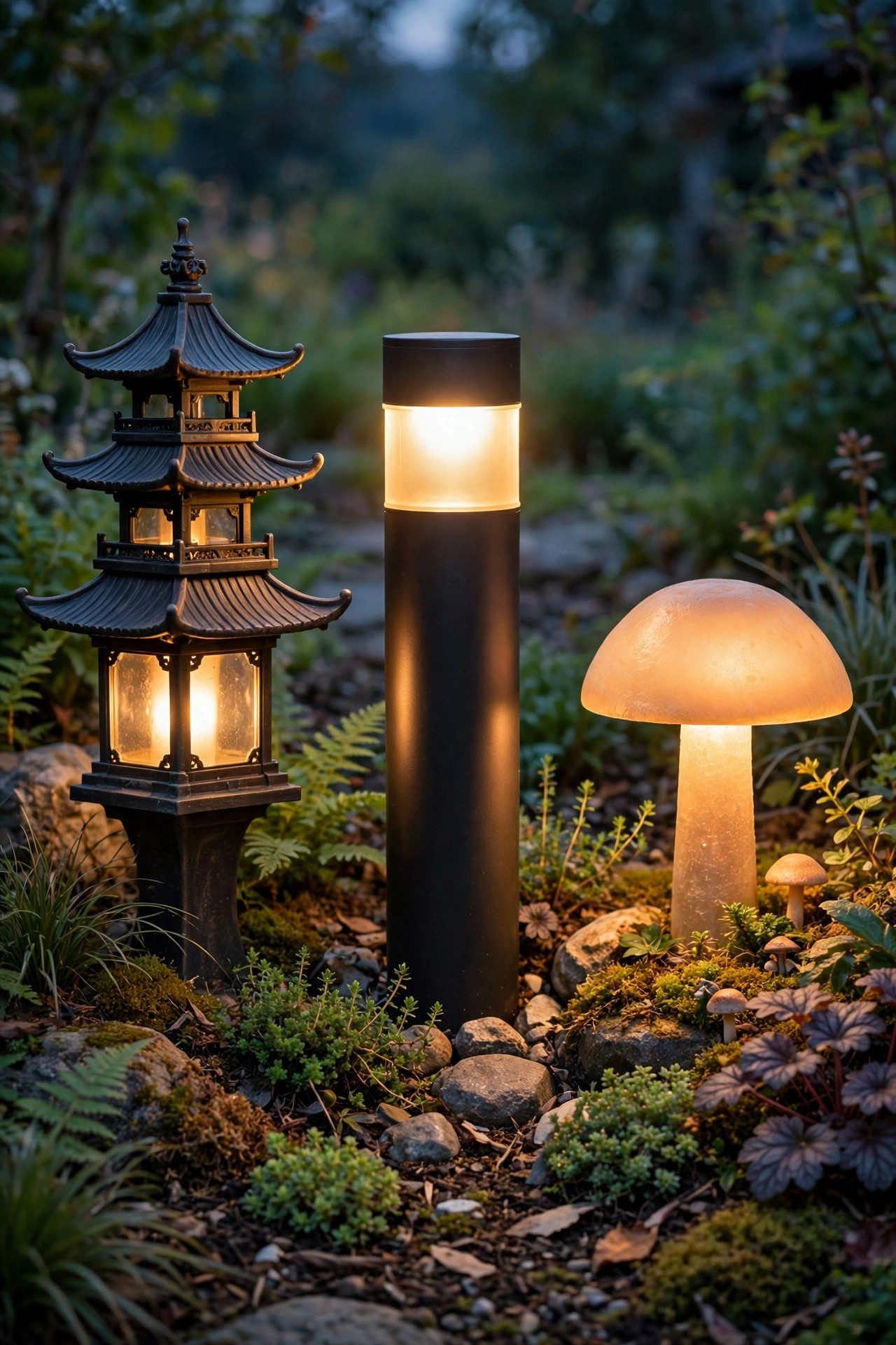 Assortment of path light styles including a pagoda, a bollard and a mushroom cap glowing in a garden bed at dusk
