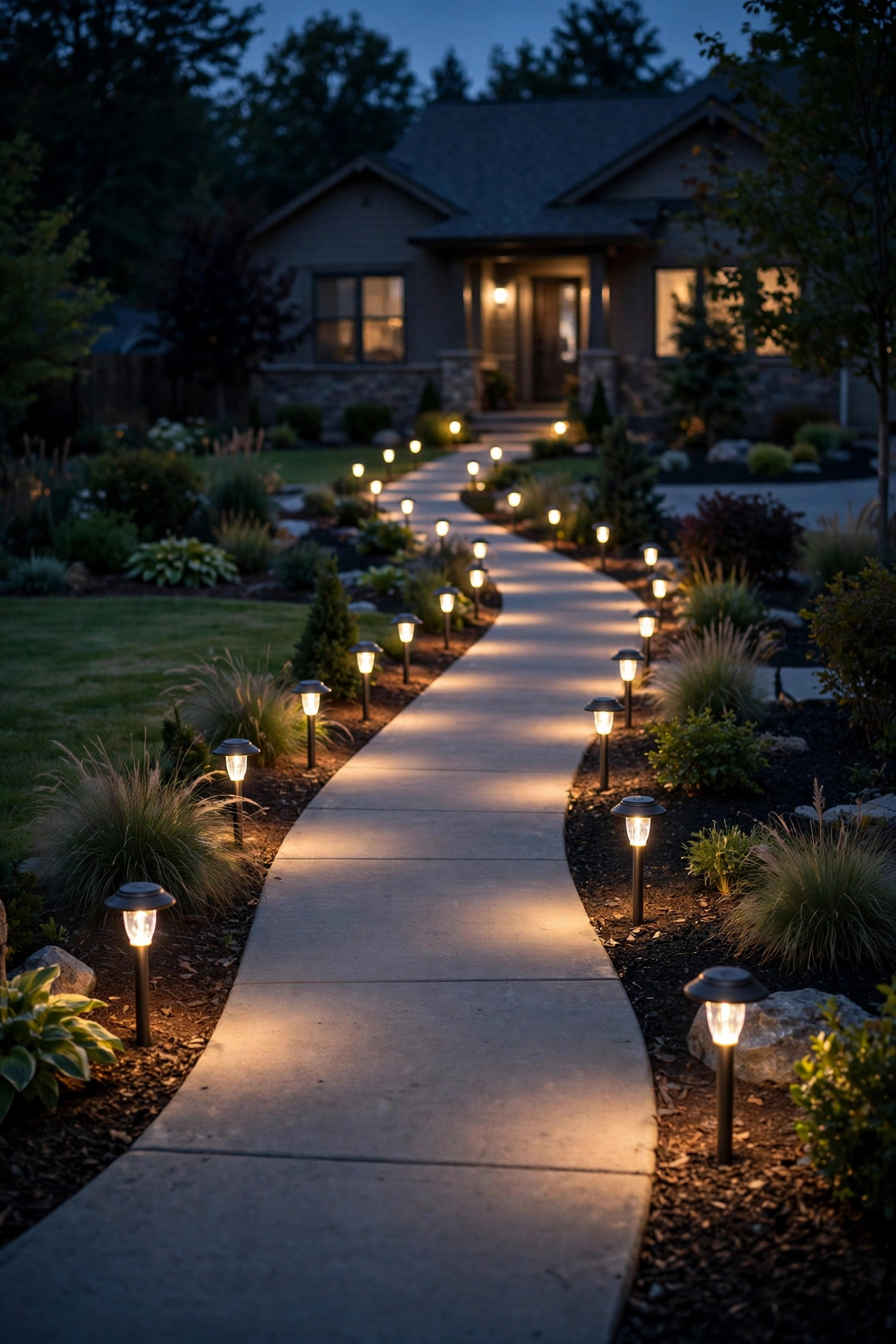 Row of warm white low-voltage path lights glowing along a front walkway after dark, long-lasting LED landscape lighting in a suburban yard