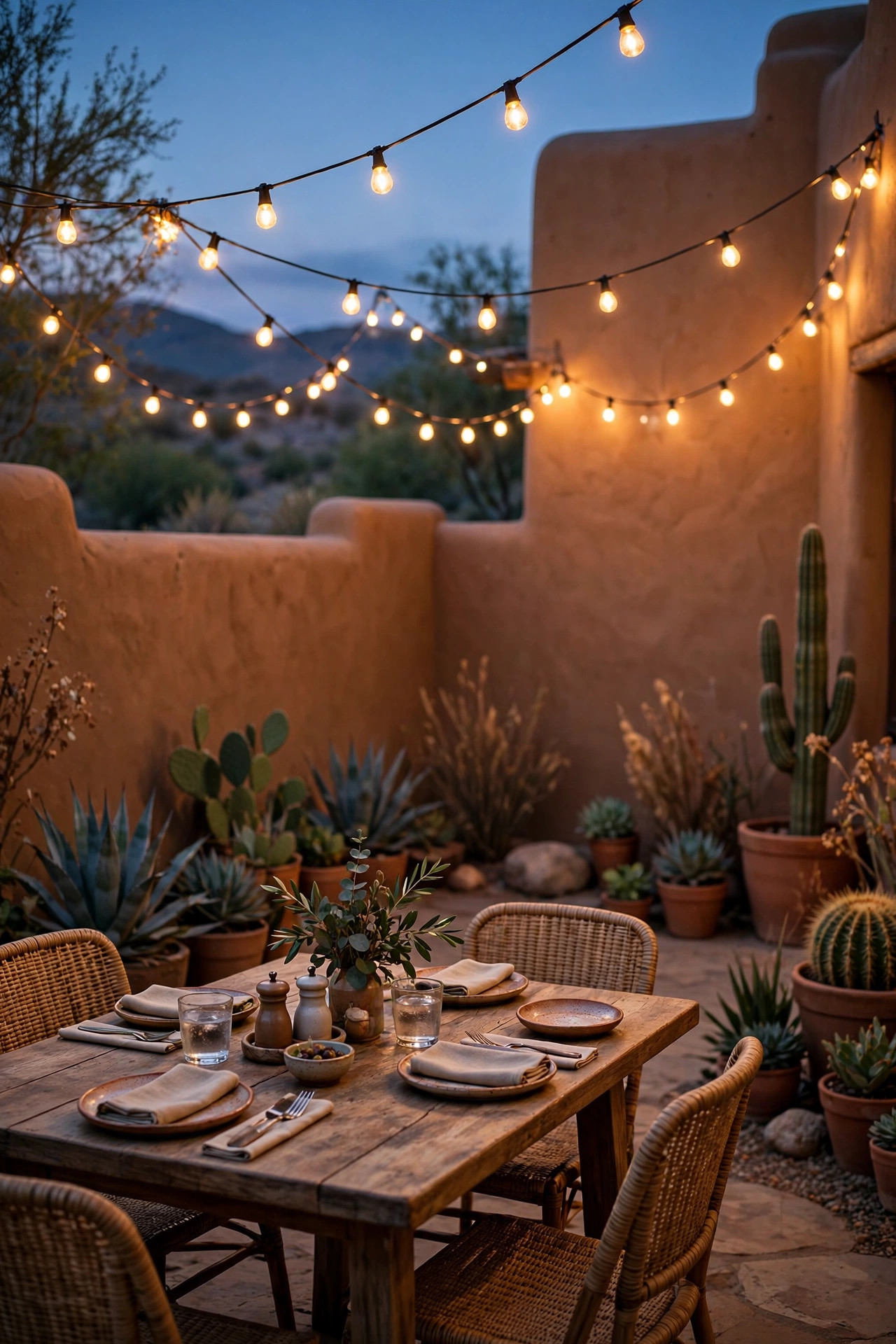 Warm bistro string lights swagged over a Southwest patio with adobe walls, a dining table, and desert plantings at dusk