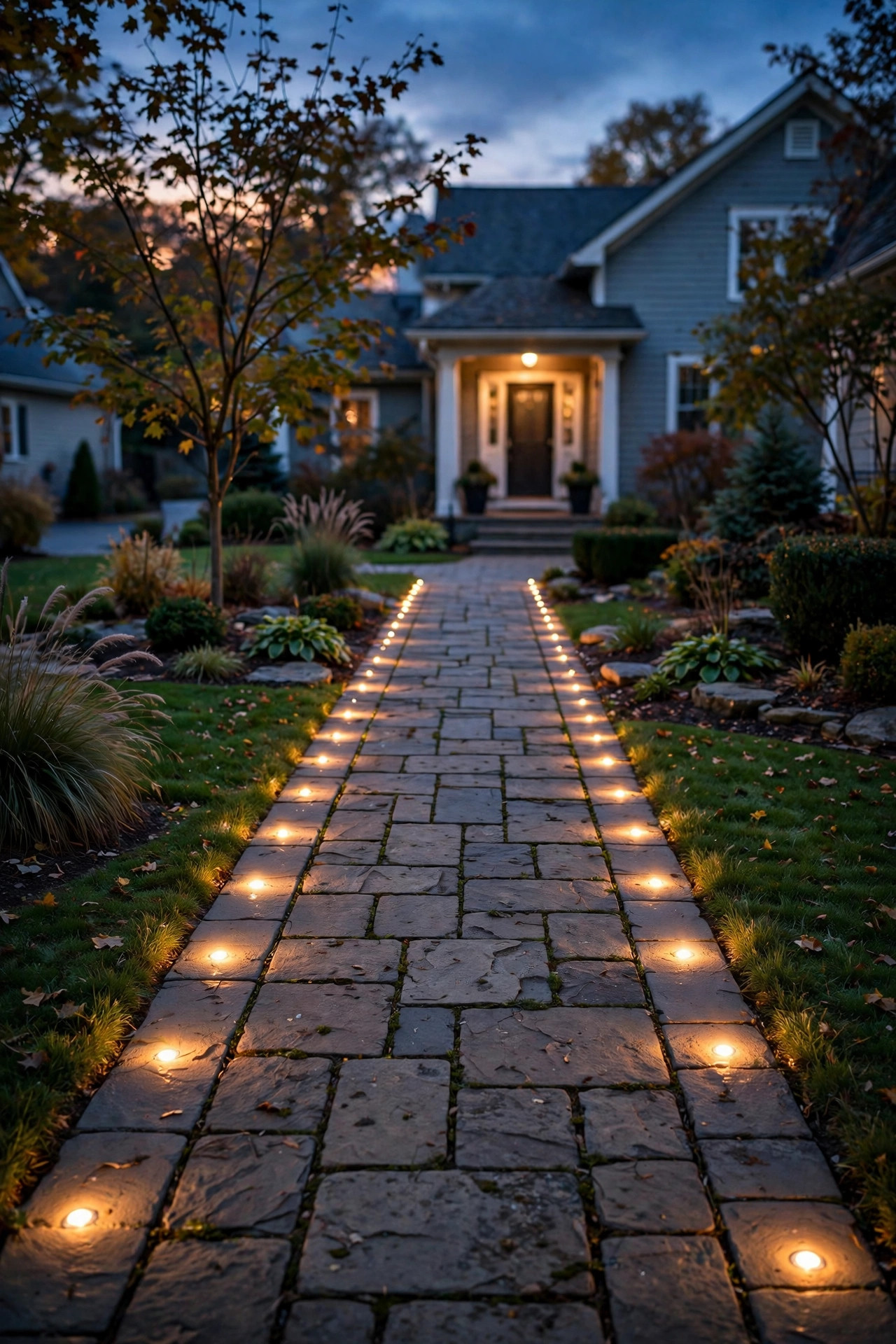 Flush paver lights glowing along the edges of a stone walkway at dusk