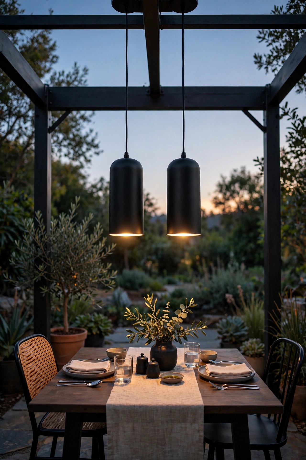 Two matte black pendant lights hanging from the center beam of a metal pergola over a set dining table at dusk