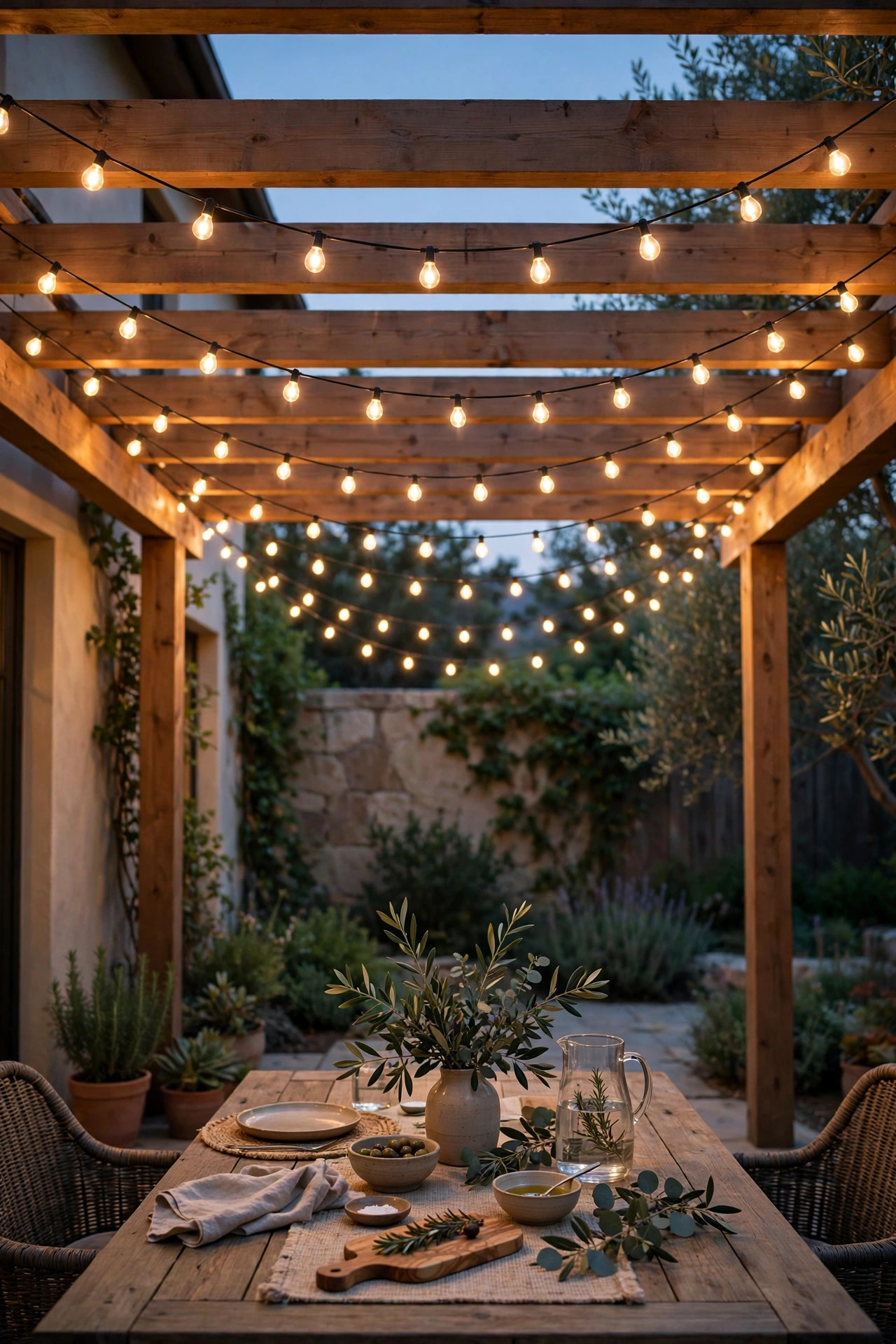 Parallel swags of warm string lights draped across the beams of a pergola over an outdoor table