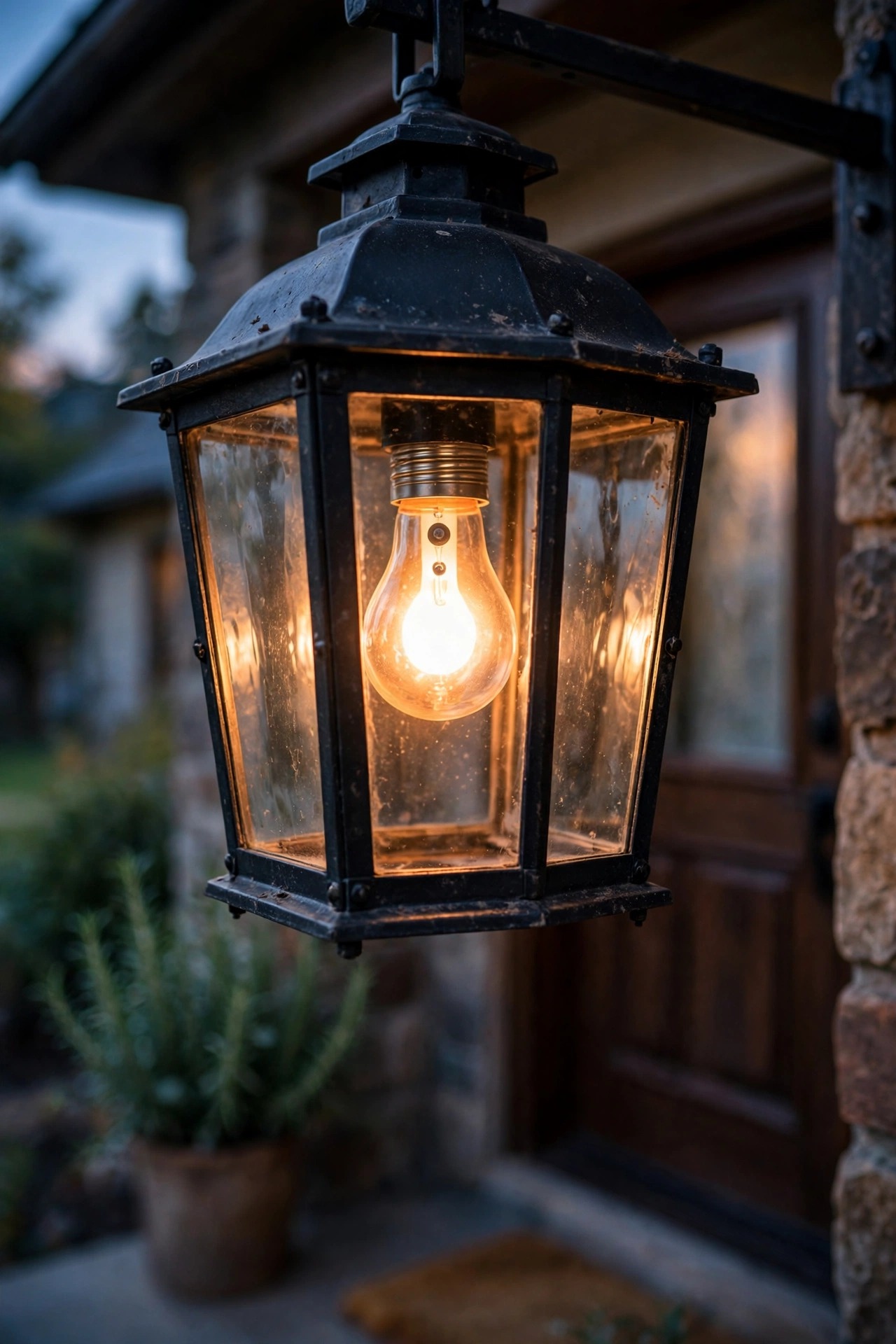 Photorealistic close view at dusk of a glass porch lantern fitted with a photocell bulb glowing warm white, the small round sensor visible on the bulb neck, cozy front entry