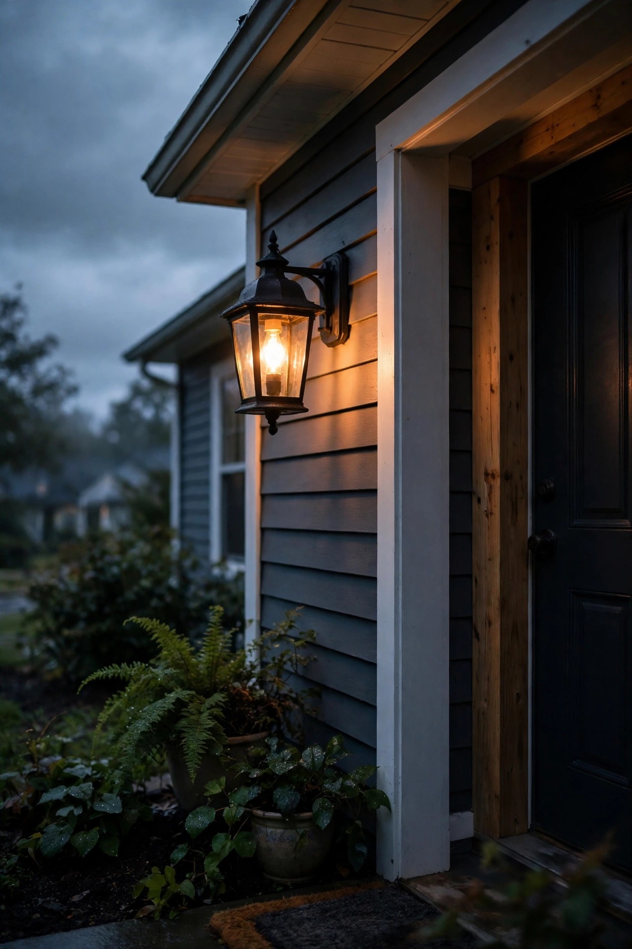 Porch lantern with dusk-to-dawn photocell bulb glowing warmly on a cloudy early evening while the sky is still dim