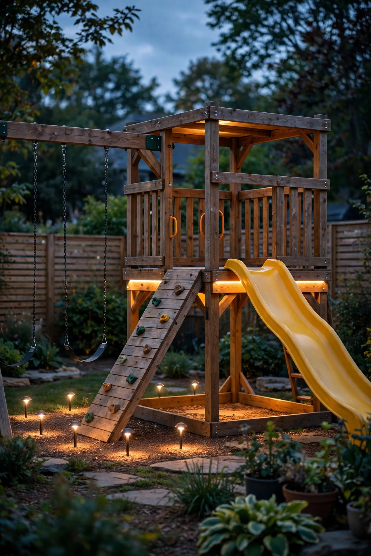 Wooden backyard playset softly lit with LED strips under the platform and small lights marking swing landing zones
