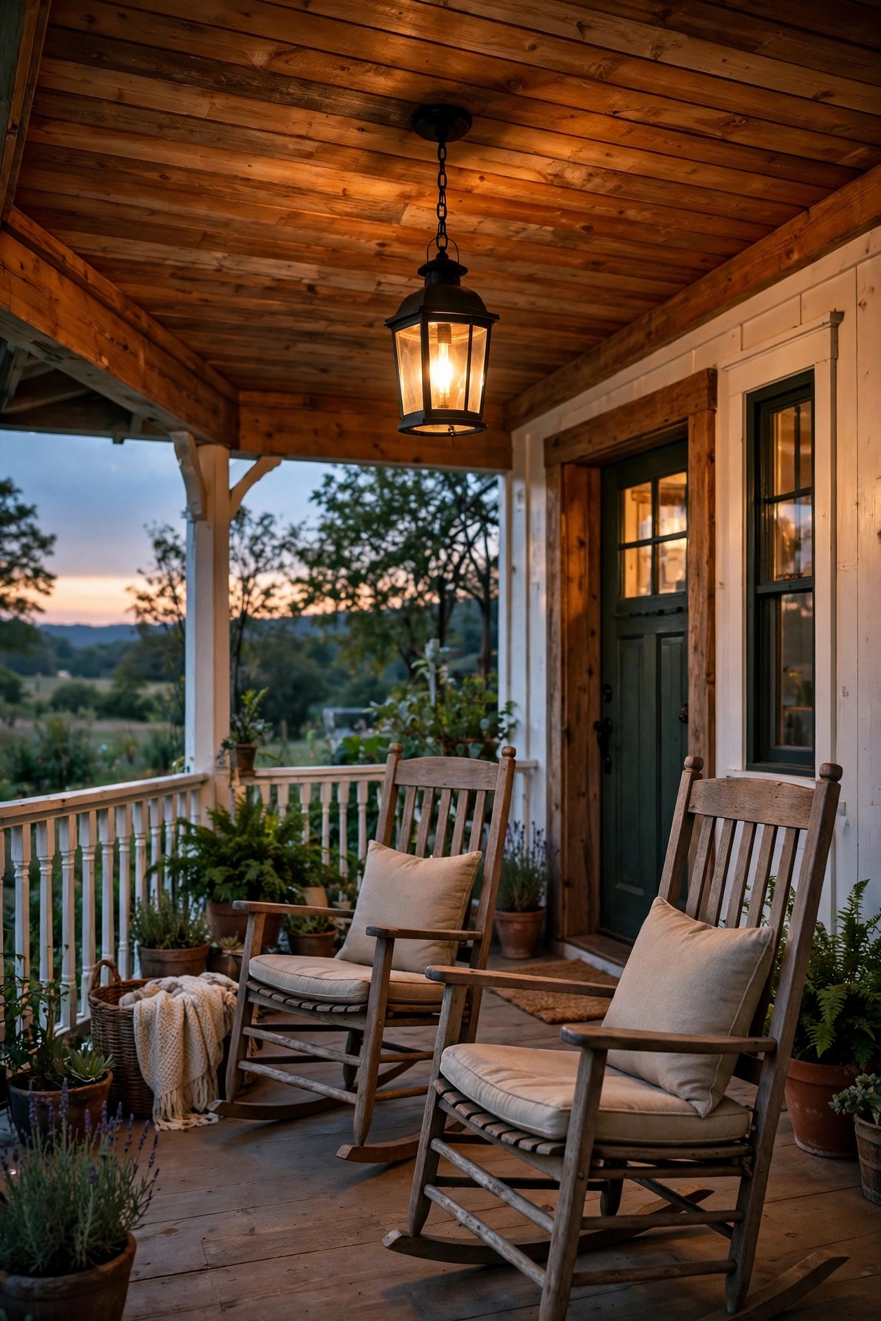 Farmhouse porch with a warm wood ceiling and a black lantern pendant glowing above rocking chairs