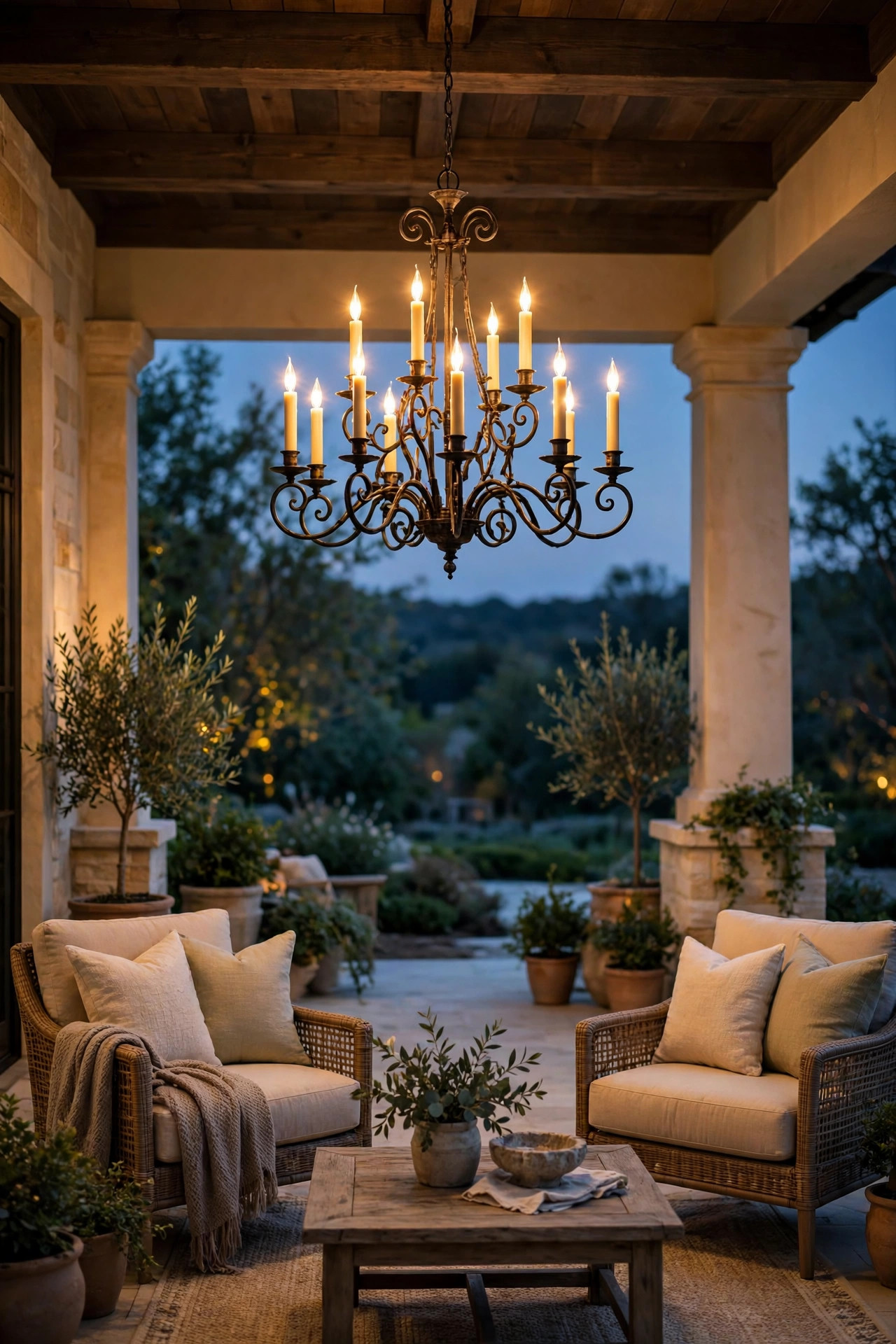 Elegant candle style chandelier hanging over a luxury covered porch with cushioned chairs at dusk