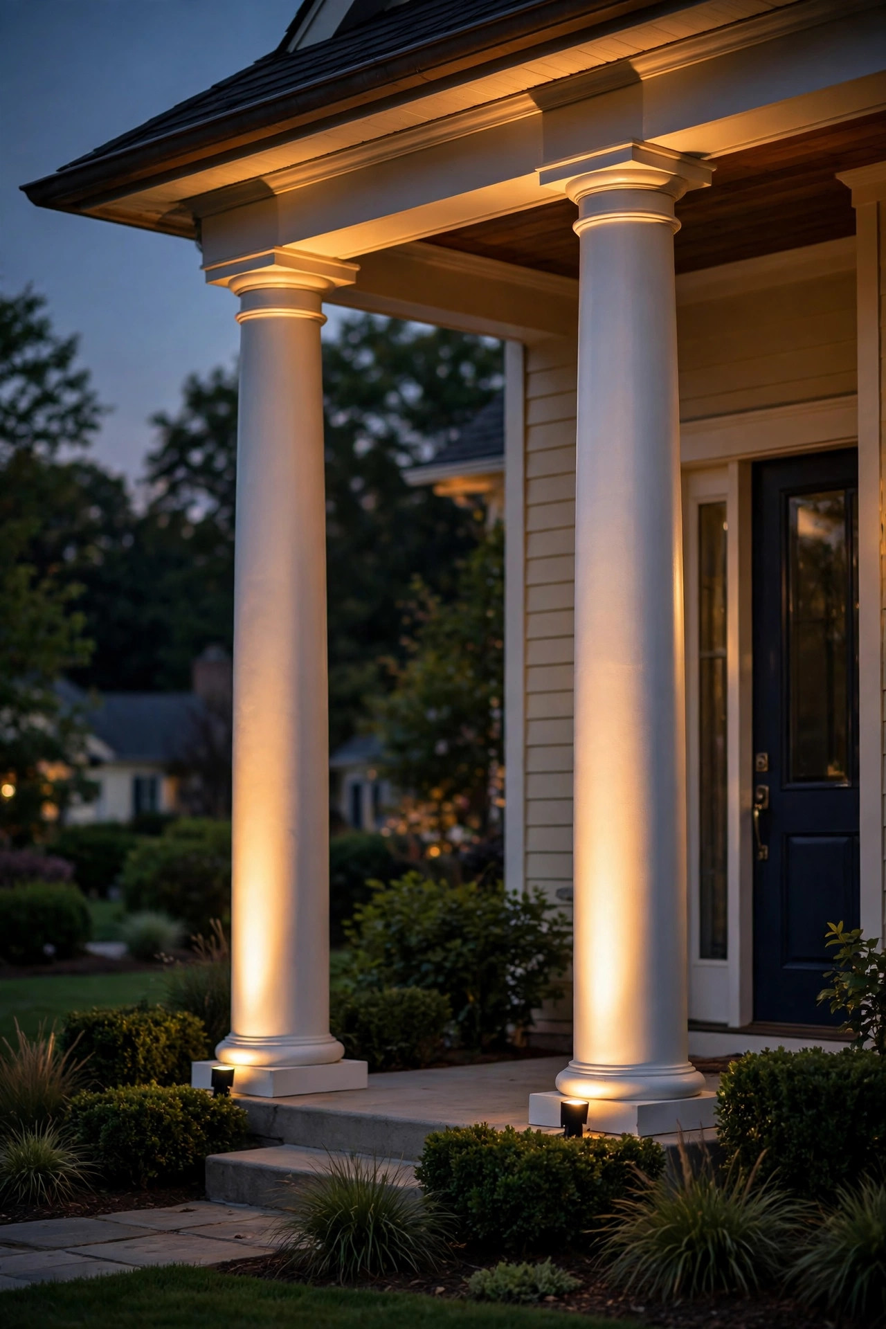 Pair of tall white porch columns lit by matching narrow beam spotlights from their bases, warm evening glow on a suburban portico