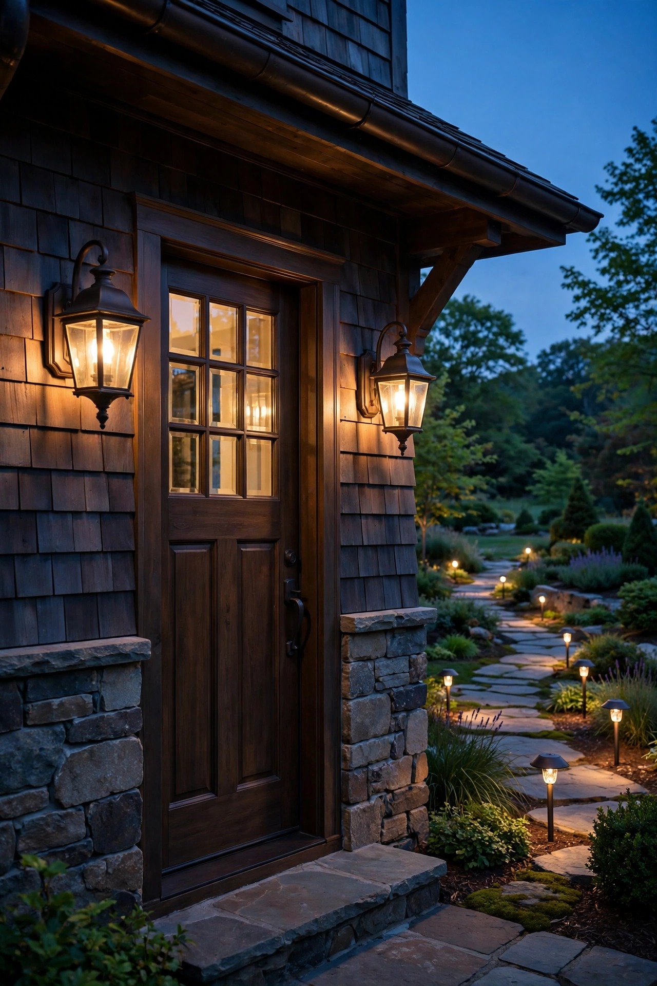 Pair of oil-rubbed bronze craftsman lanterns flanking a front door, matching path lights glowing in the yard beyond