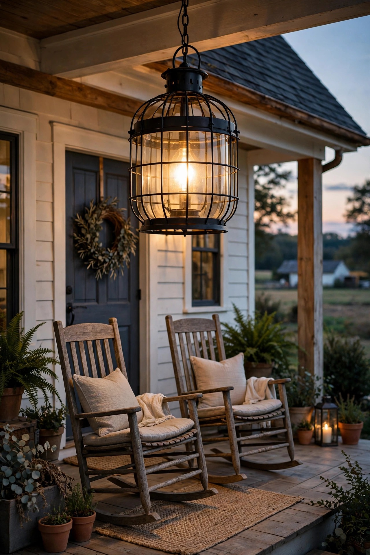 Oversized black cage lantern pendant glowing warmly over a farmhouse front porch with rocking chairs