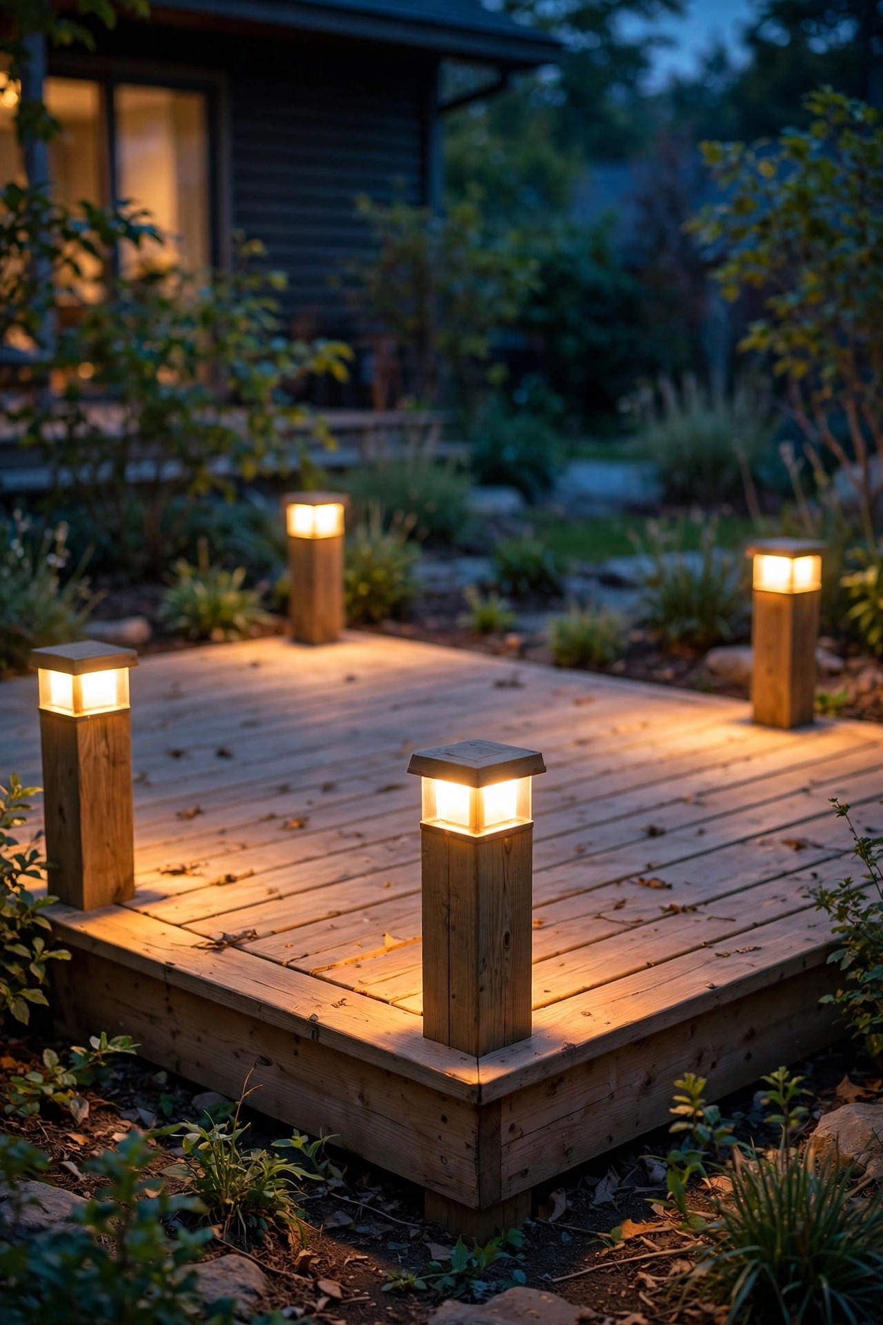 Short corner posts with warm glowing post cap lights on a railing-free ground level deck