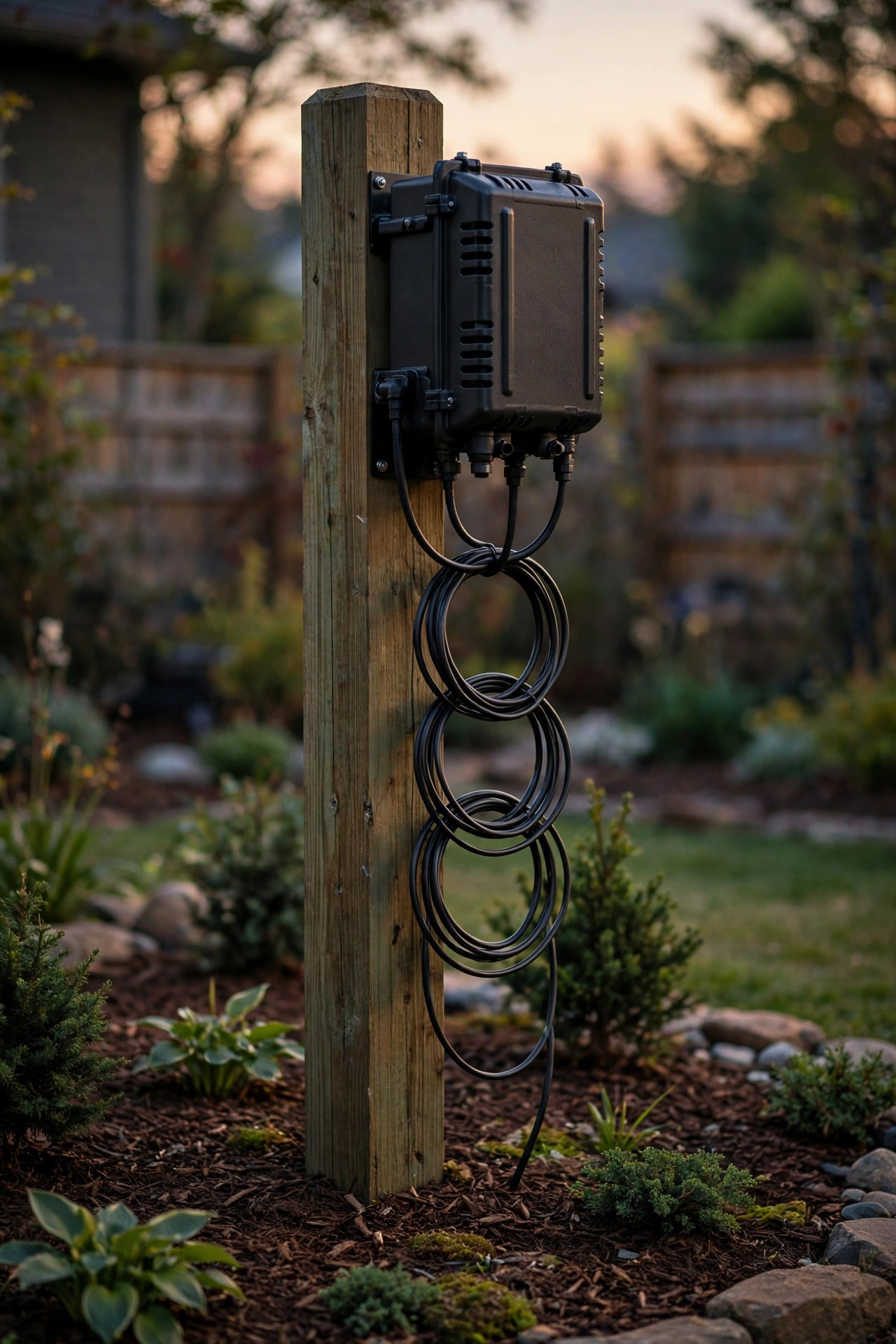 Landscape lighting transformer mounted on a pressure-treated wooden post above a mulched garden bed, low-voltage cables looping neatly into the bottom