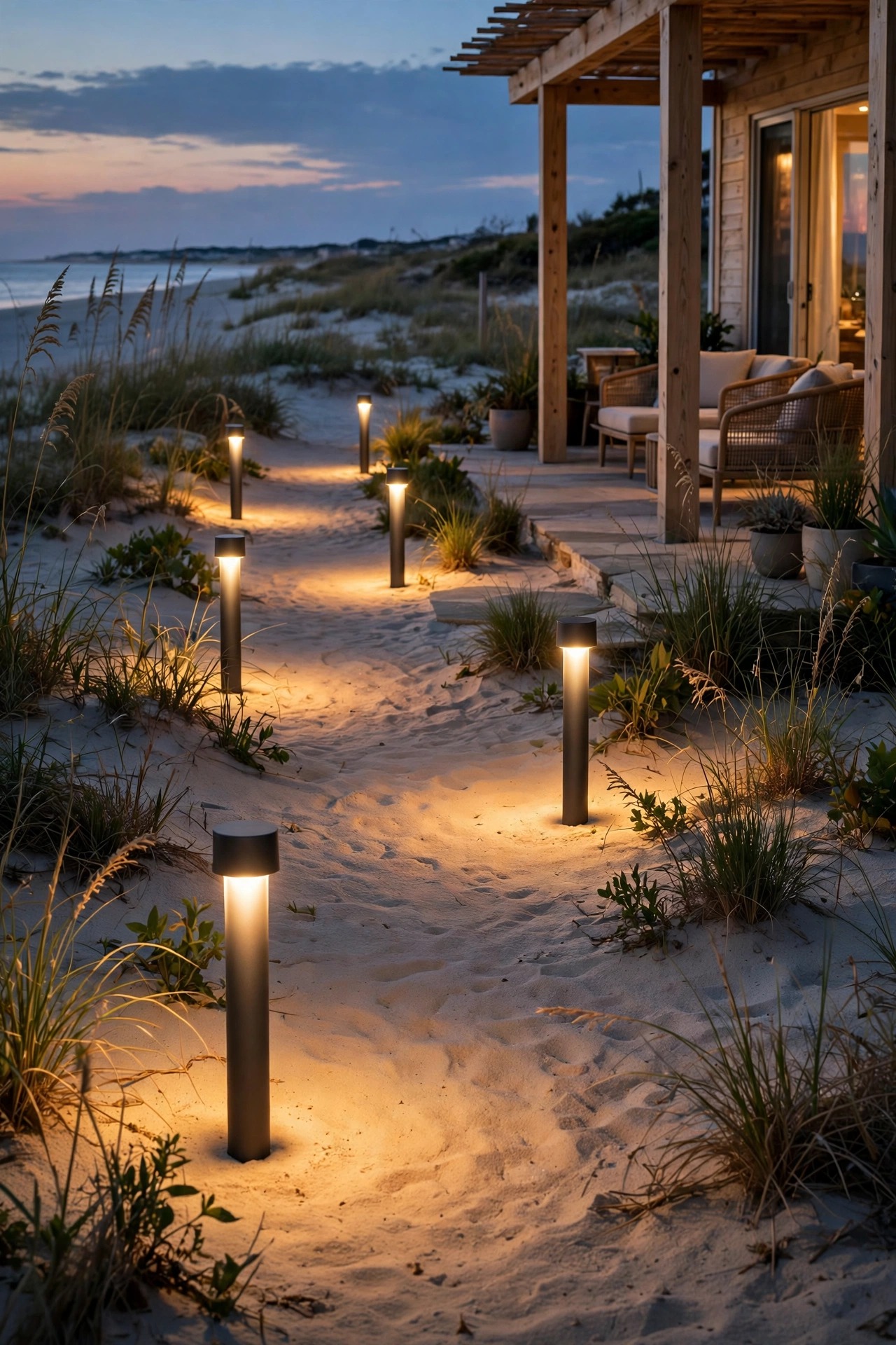 Powder coated aluminum path lights glowing along a sandy walkway beside a beach house patio