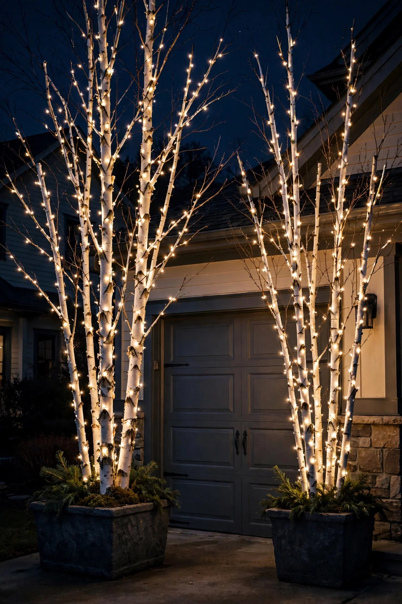 White birch branches wrapped in warm white micro lights standing in porch planters at night
