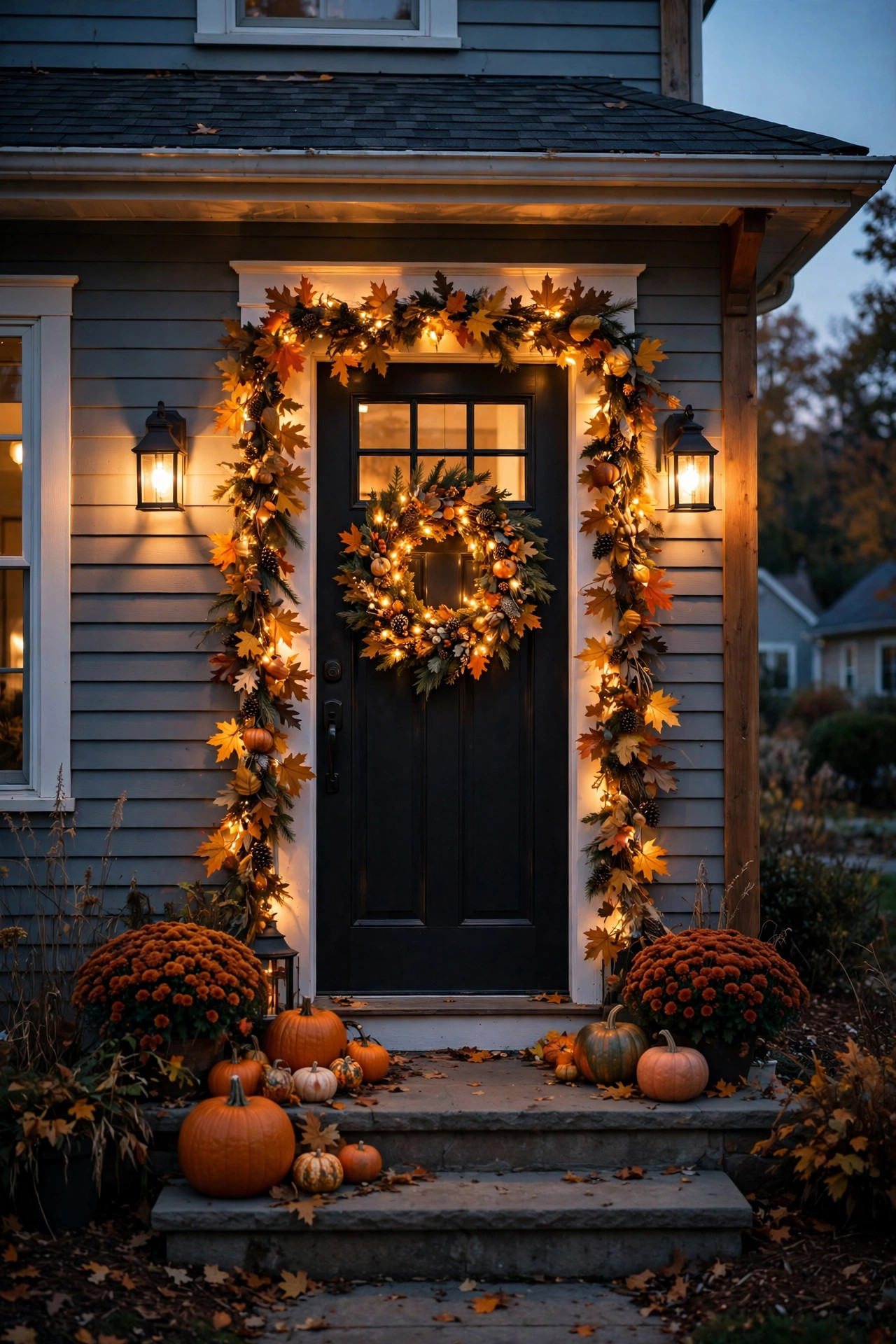 Pre-lit autumn wreath with warm lights glowing on a dark front door at dusk