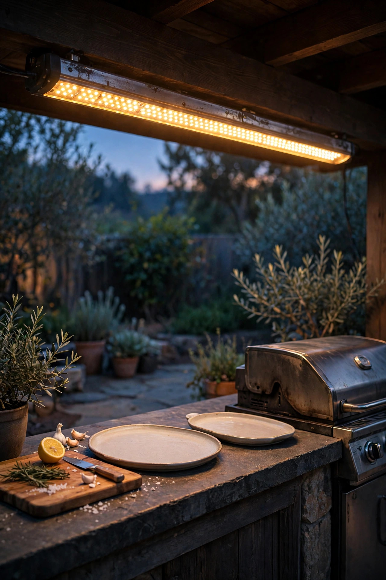 LED light bar glowing over an outdoor prep counter beside a grill with cutting board and platters