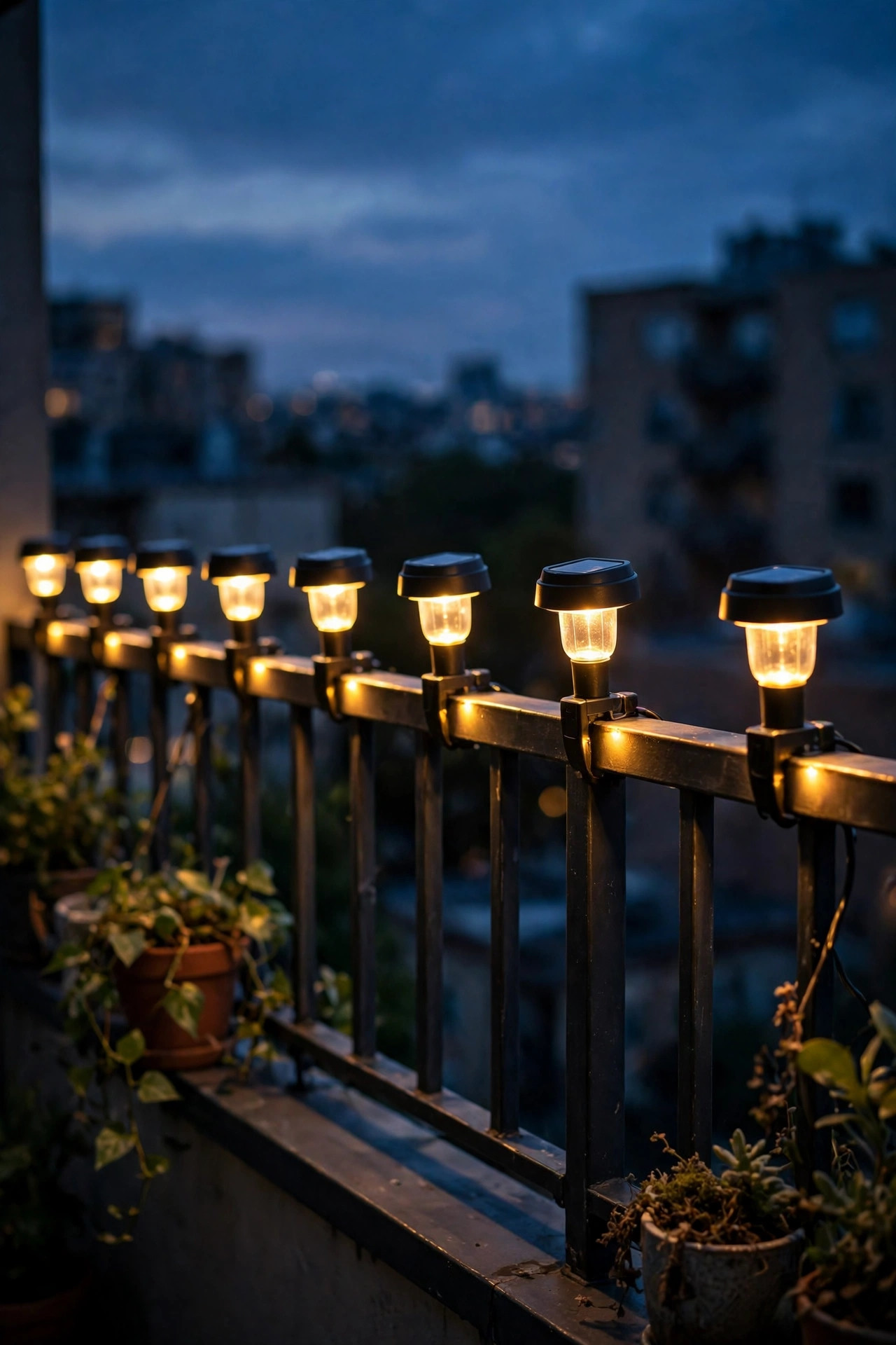 Solar cap lights clipped along a balcony railing glowing warm against the evening sky