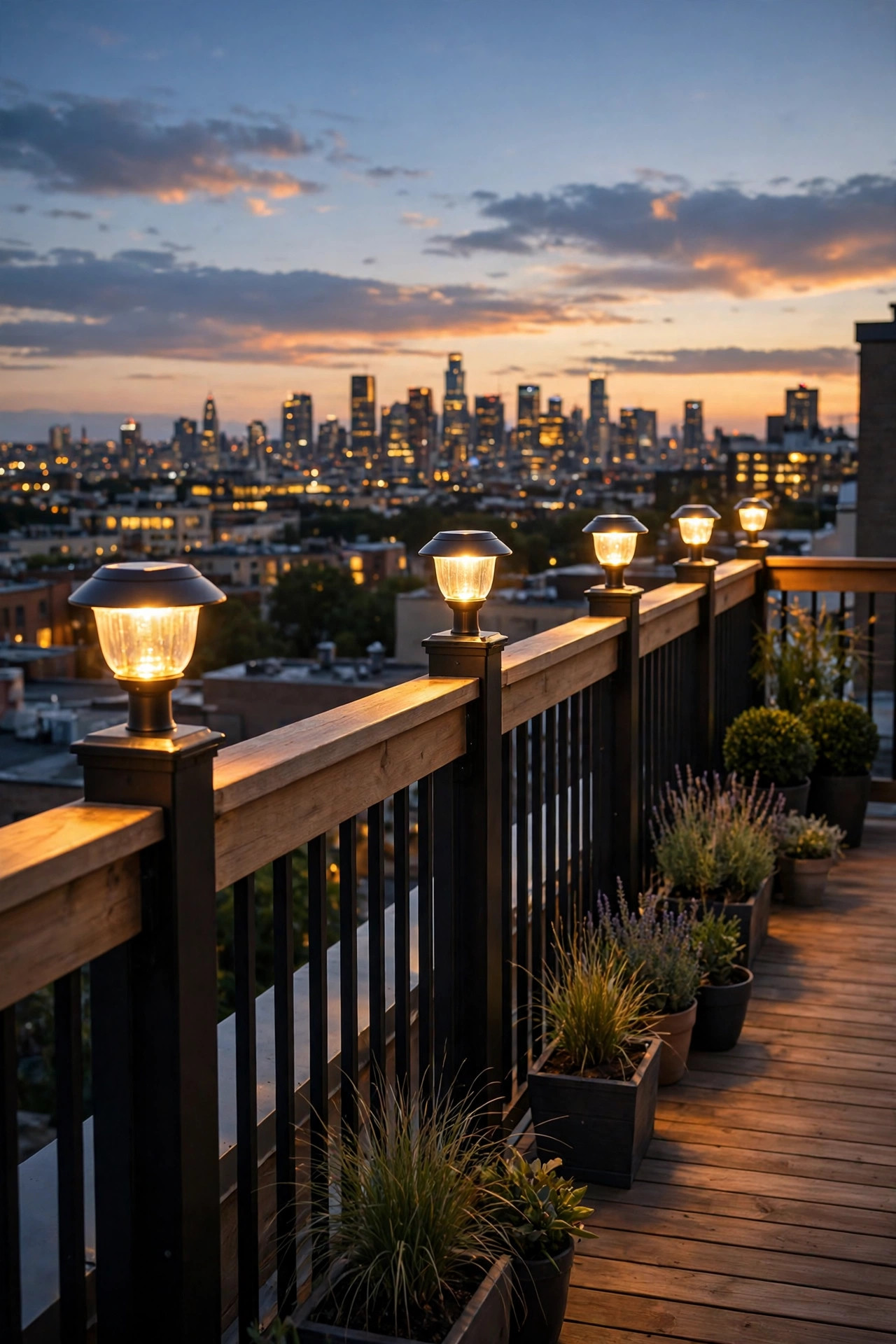 Solar cap lights glowing along a rooftop deck railing at dusk with the city skyline beyond