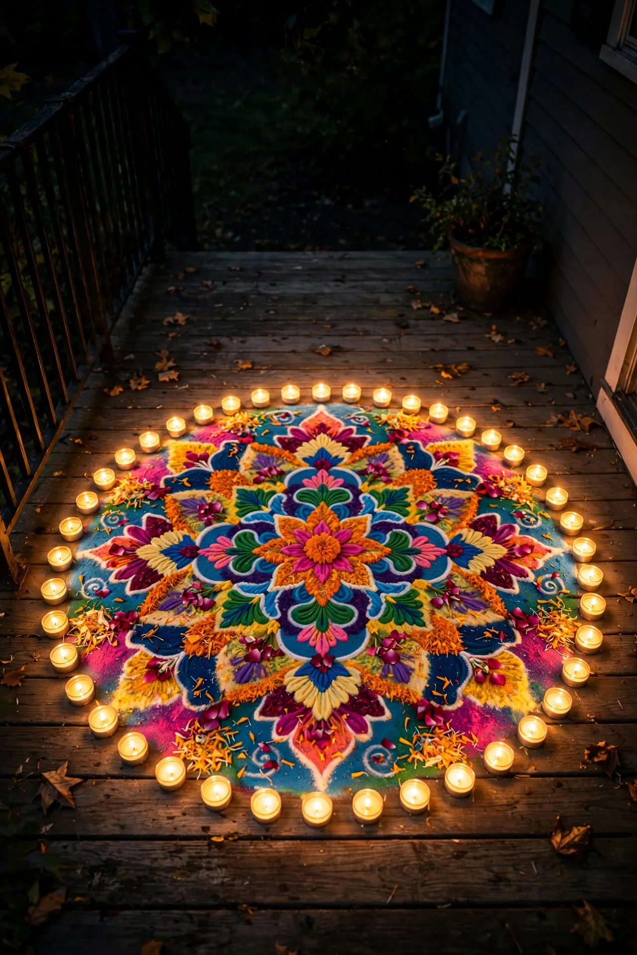 Colorful rangoli pattern on a porch floor ringed with glowing LED tea lights at night