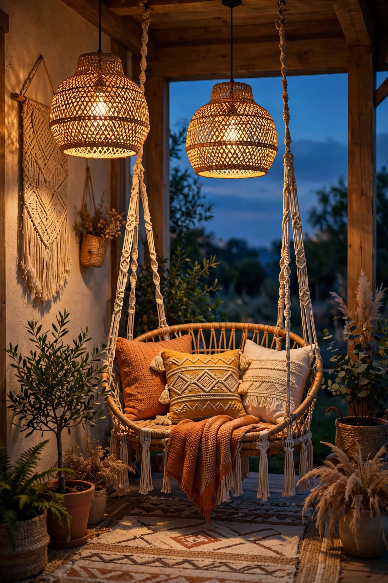 Two woven rattan pendant lights with dappled glow over a boho porch seating nook