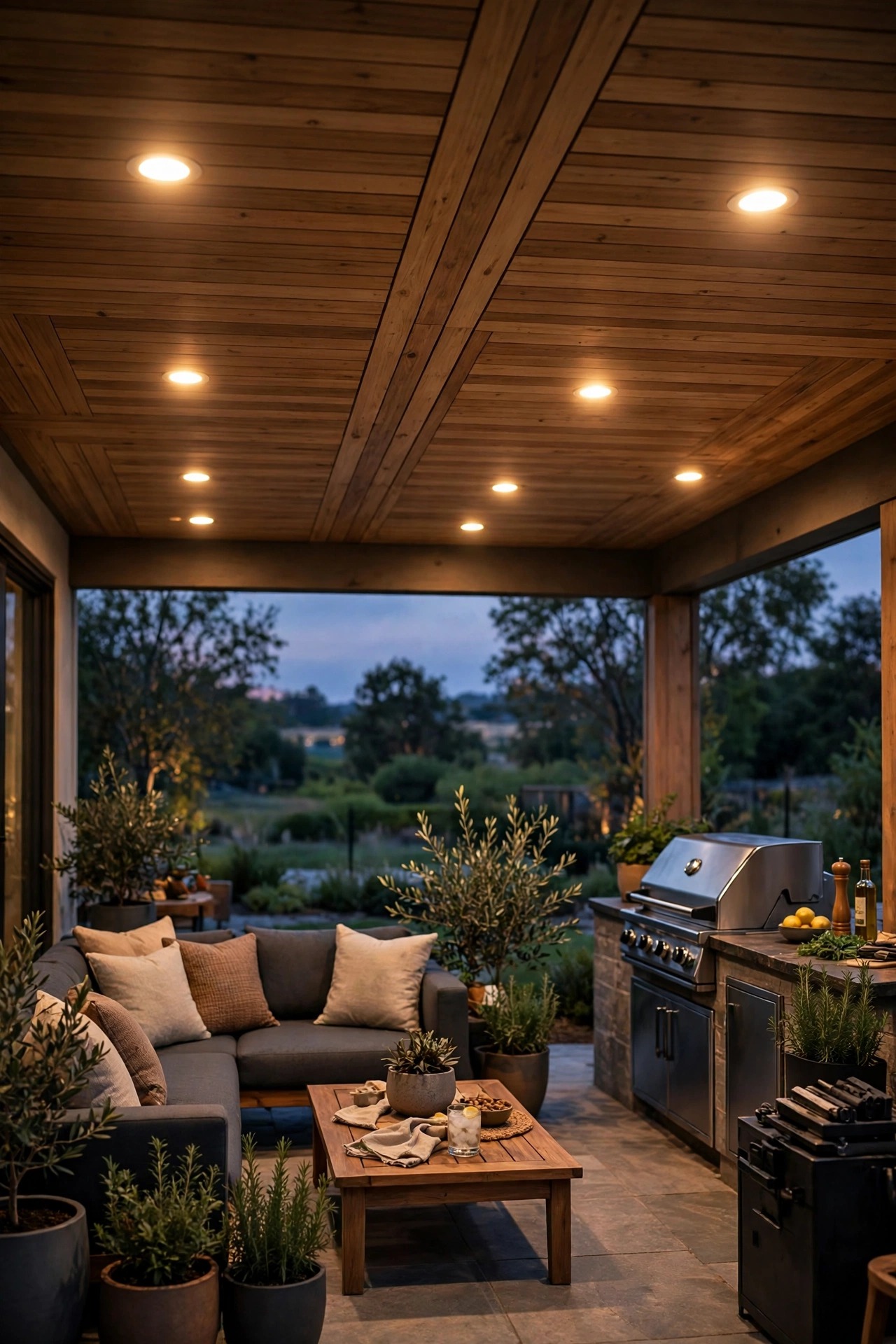 Recessed LED can lights glowing in a covered patio ceiling over a seating zone and grill area