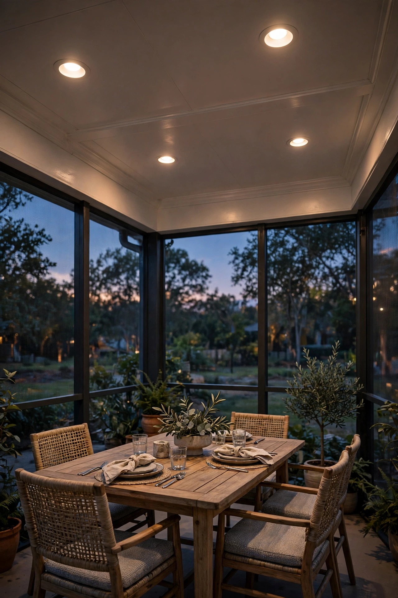 Recessed ceiling lights glowing softly over a screened porch dining set at dusk, dimmed low