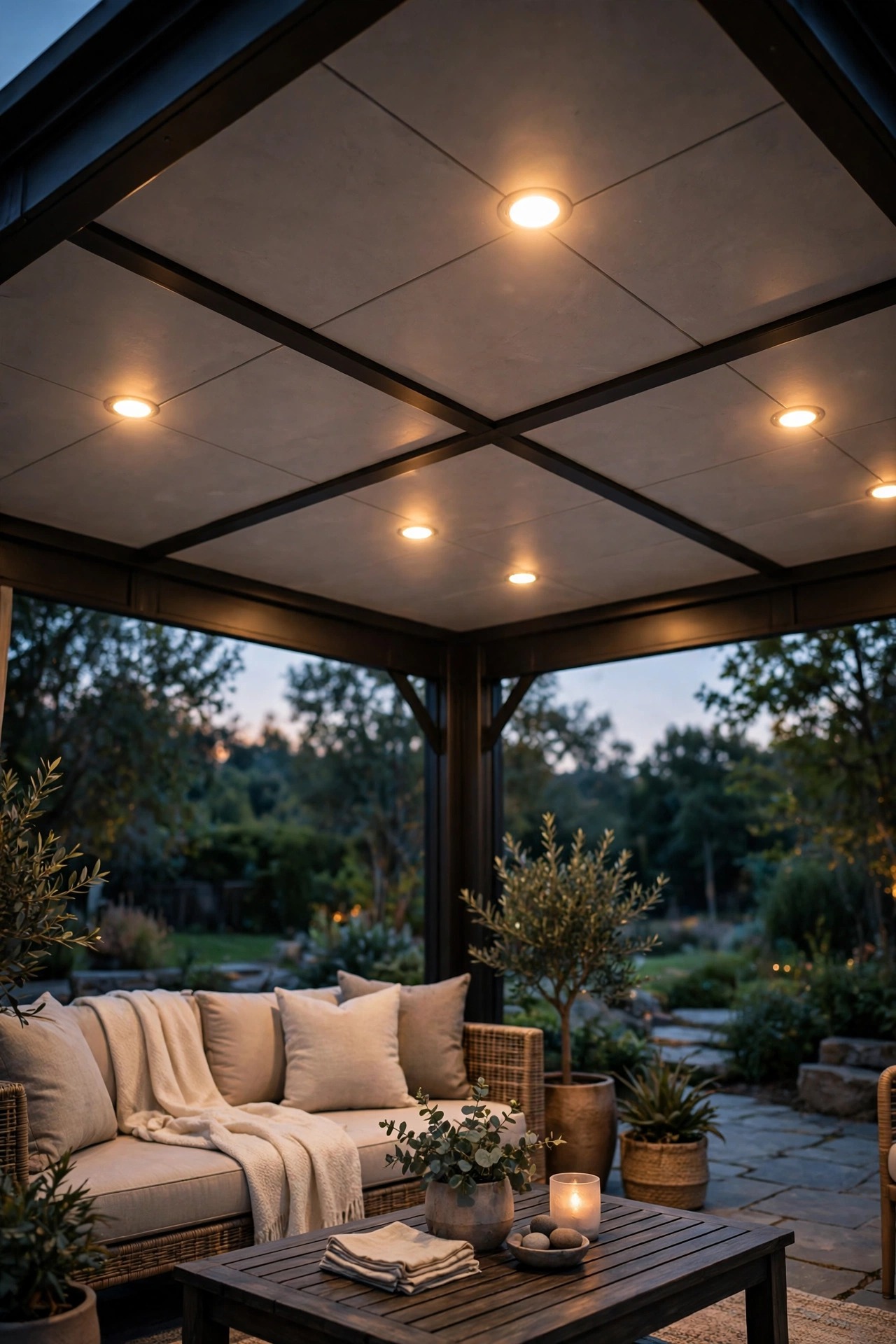 Recessed downlights in a pergola ceiling shining evenly over an outdoor kitchen island