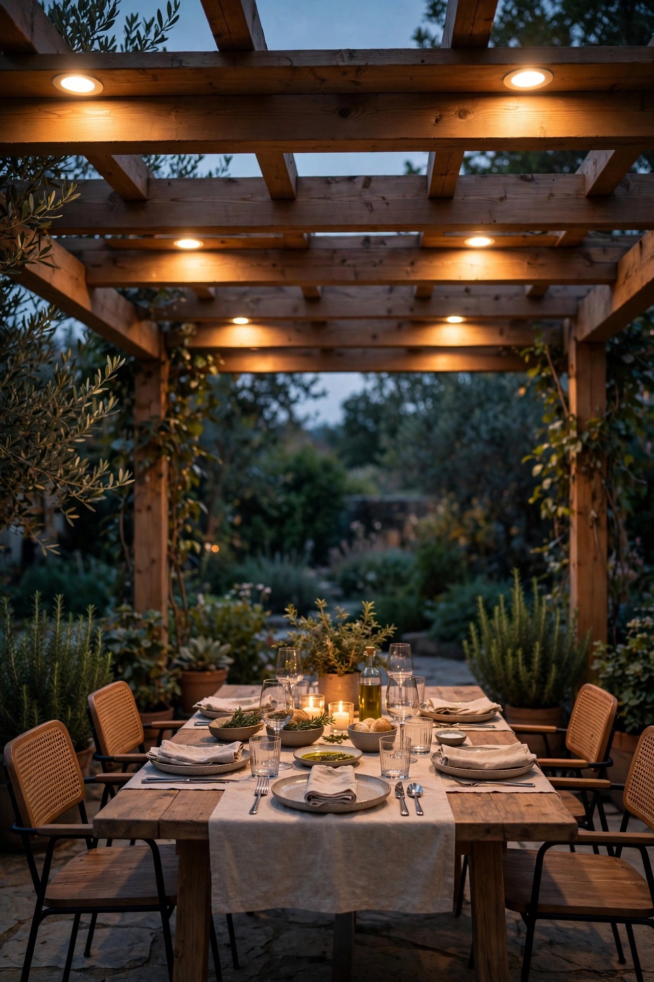 Recessed LED puck lights glowing in the beams of a pergola over a dining table