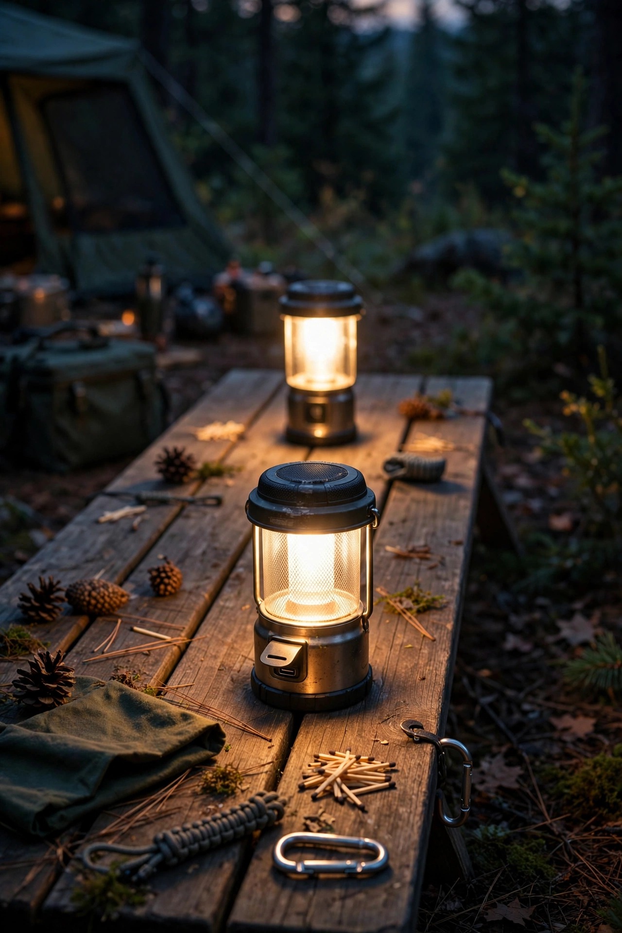 Two warm rechargeable lanterns glowing down the center of a campsite picnic table at night