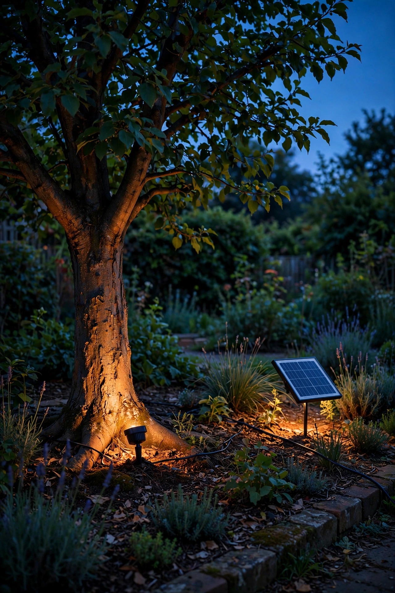 Solar spotlight at the base of a shaded tree with its separate solar panel staked in a sunny spot at the garden bed edge, thin cable between them
