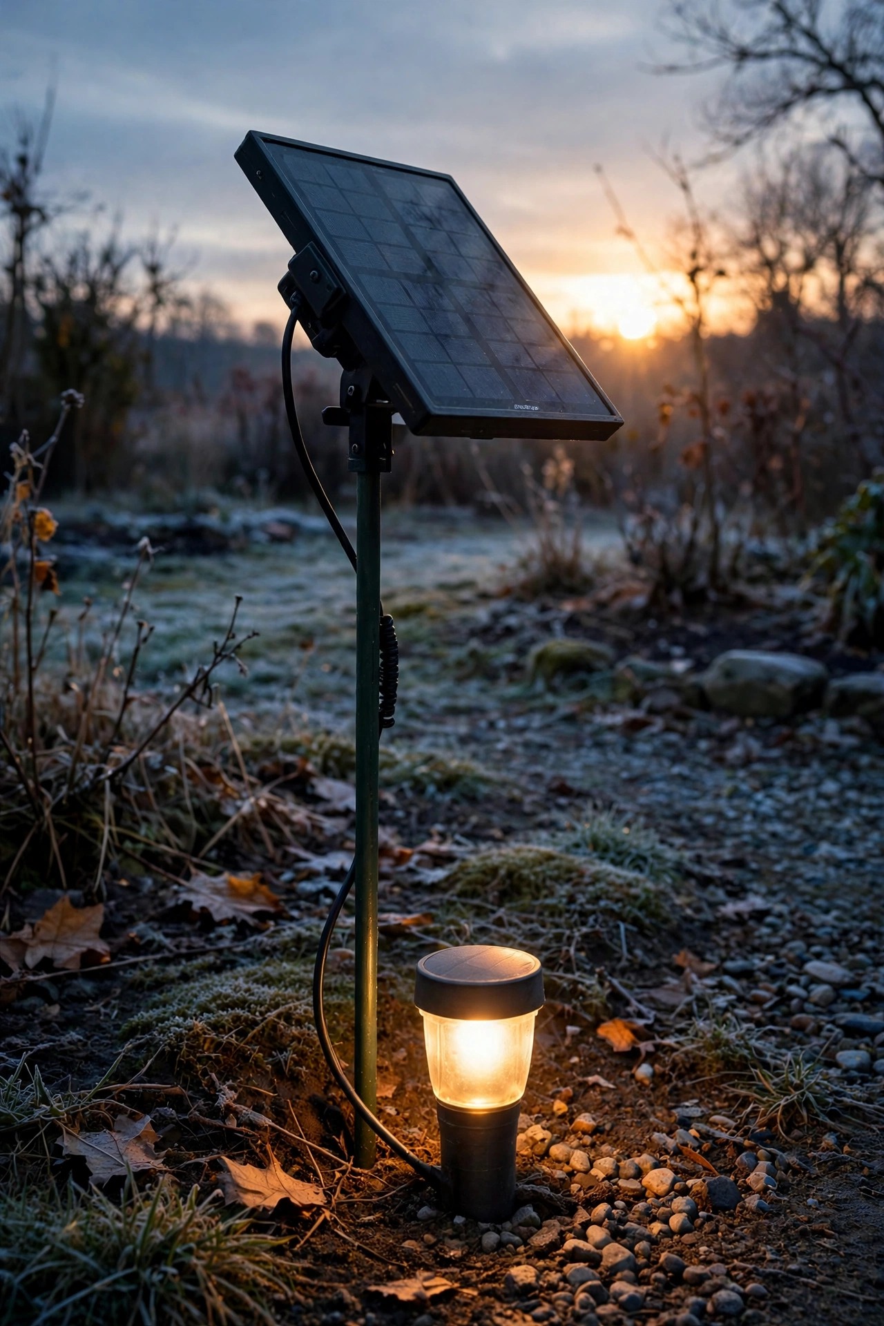 Small remote solar panel tilted toward the winter sun on a garden stake, cabled to a driveway light glowing below