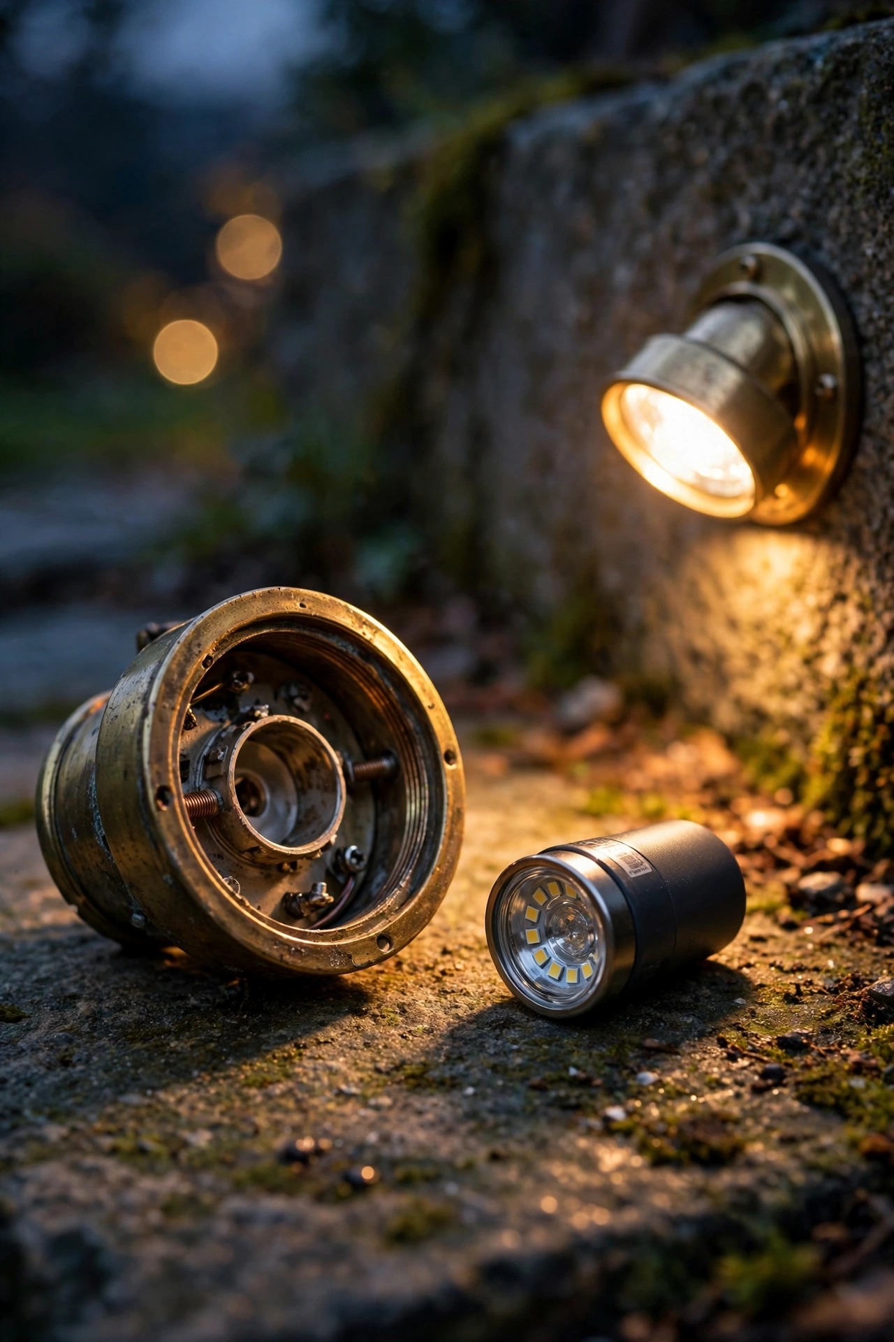 Photorealistic dusk macro view of an open brass spotlight fixture showing a removable LED lamp beside it on a stone, warm light spilling from a second installed fixture nearby