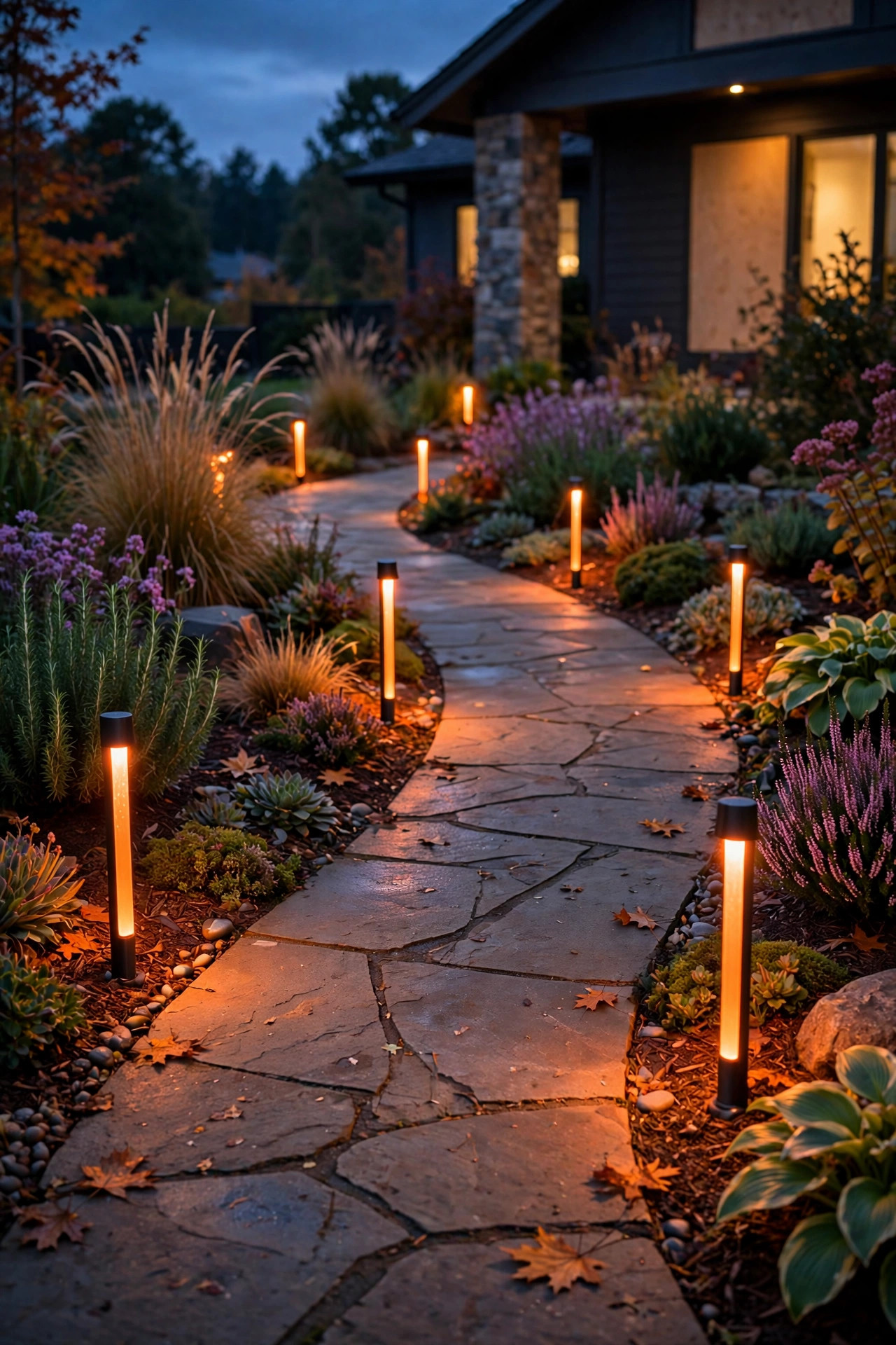 Color-changing path lights in festive orange lining a curved front walkway through a garden bed at dusk