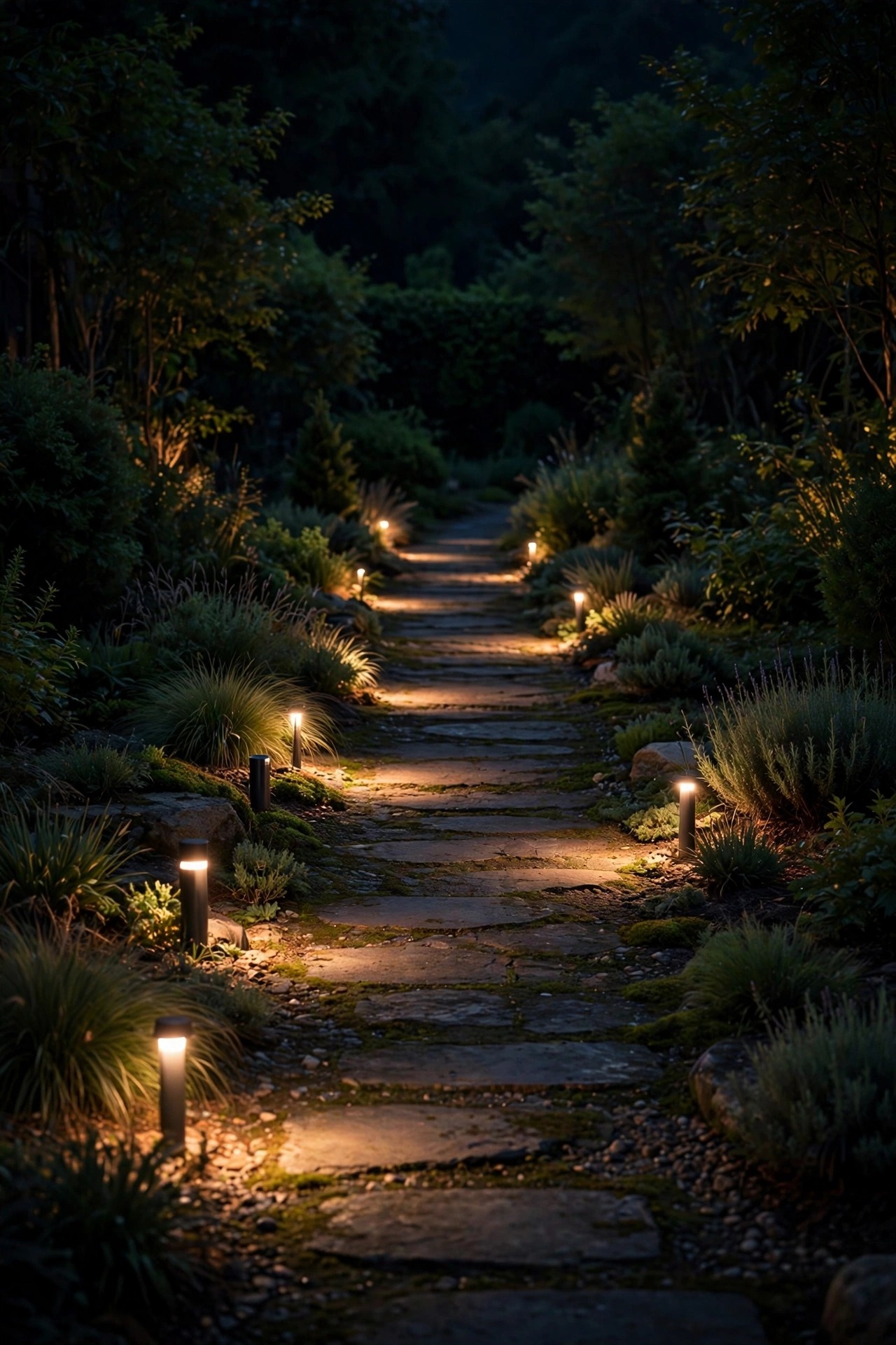 Soft low-lumen LED path lights glowing gently along a garden walkway at night, warm pools of light with dark restful gaps between