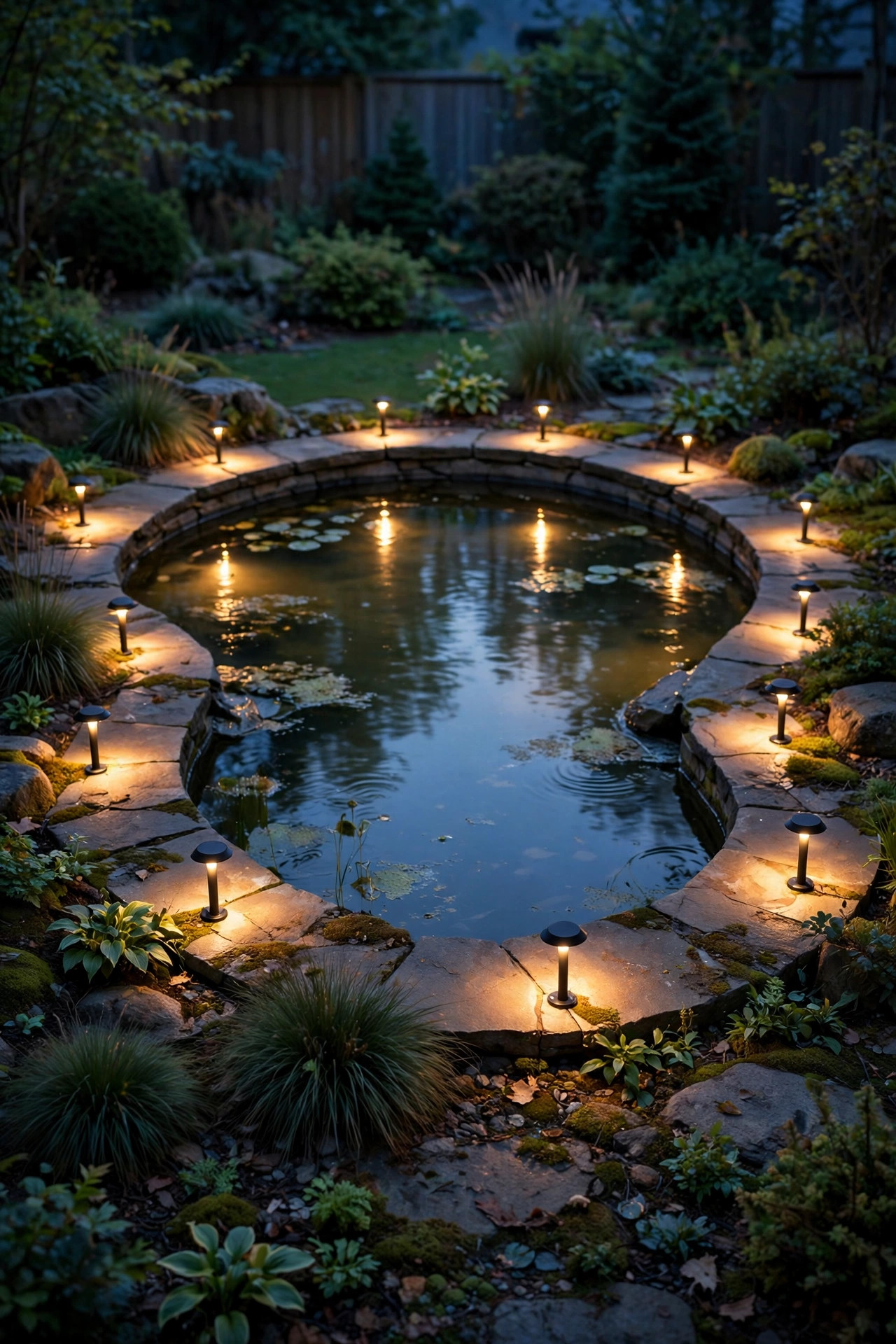 Low path lights spaced around the stone rim of a backyard pond at dusk, tracing the water edge with warm pools of light