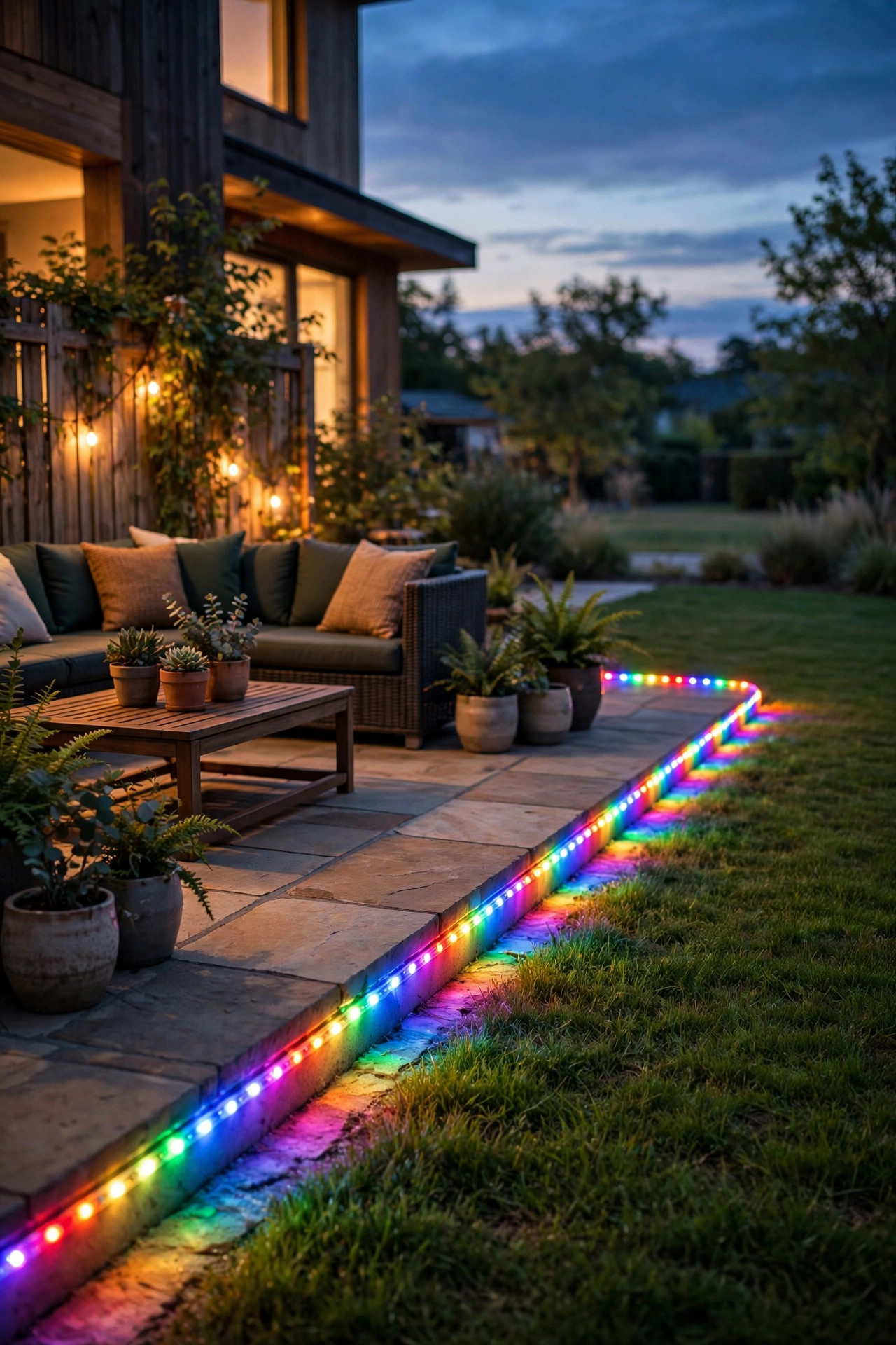 Multicolor LED rope light outlining the edge of a patio at dusk next to a lawn