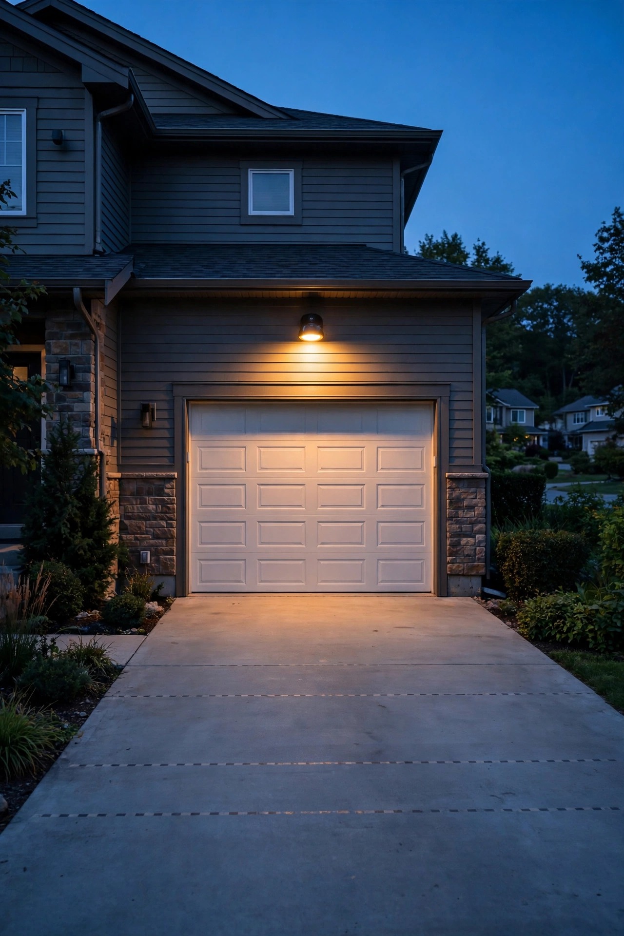 Person walking the edge of a driveway detection zone at dusk while a motion sensor light glows warmly above a garage