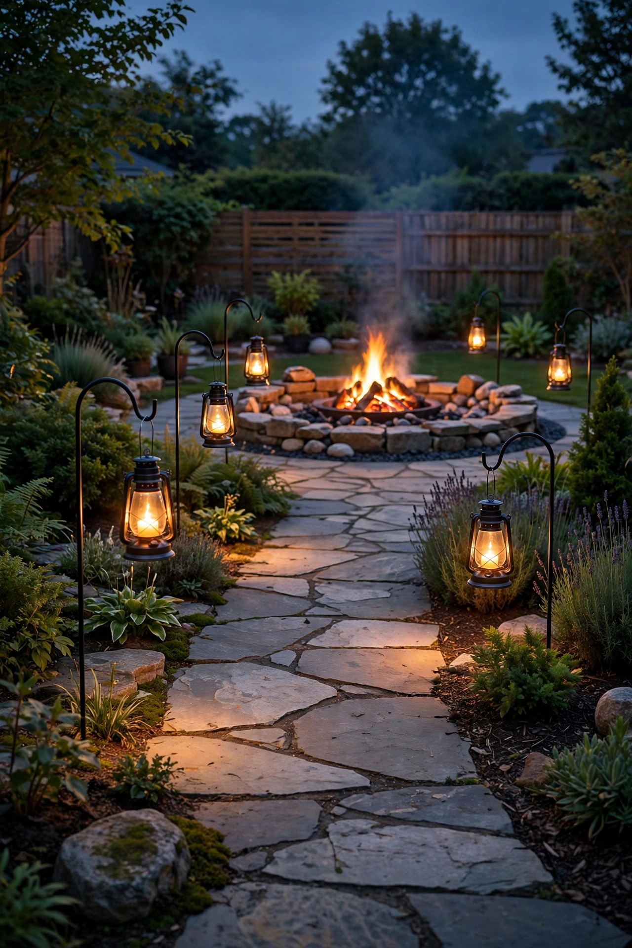 Metal lanterns with flameless candles hanging from shepherd's hooks over a mulched early spring garden bed