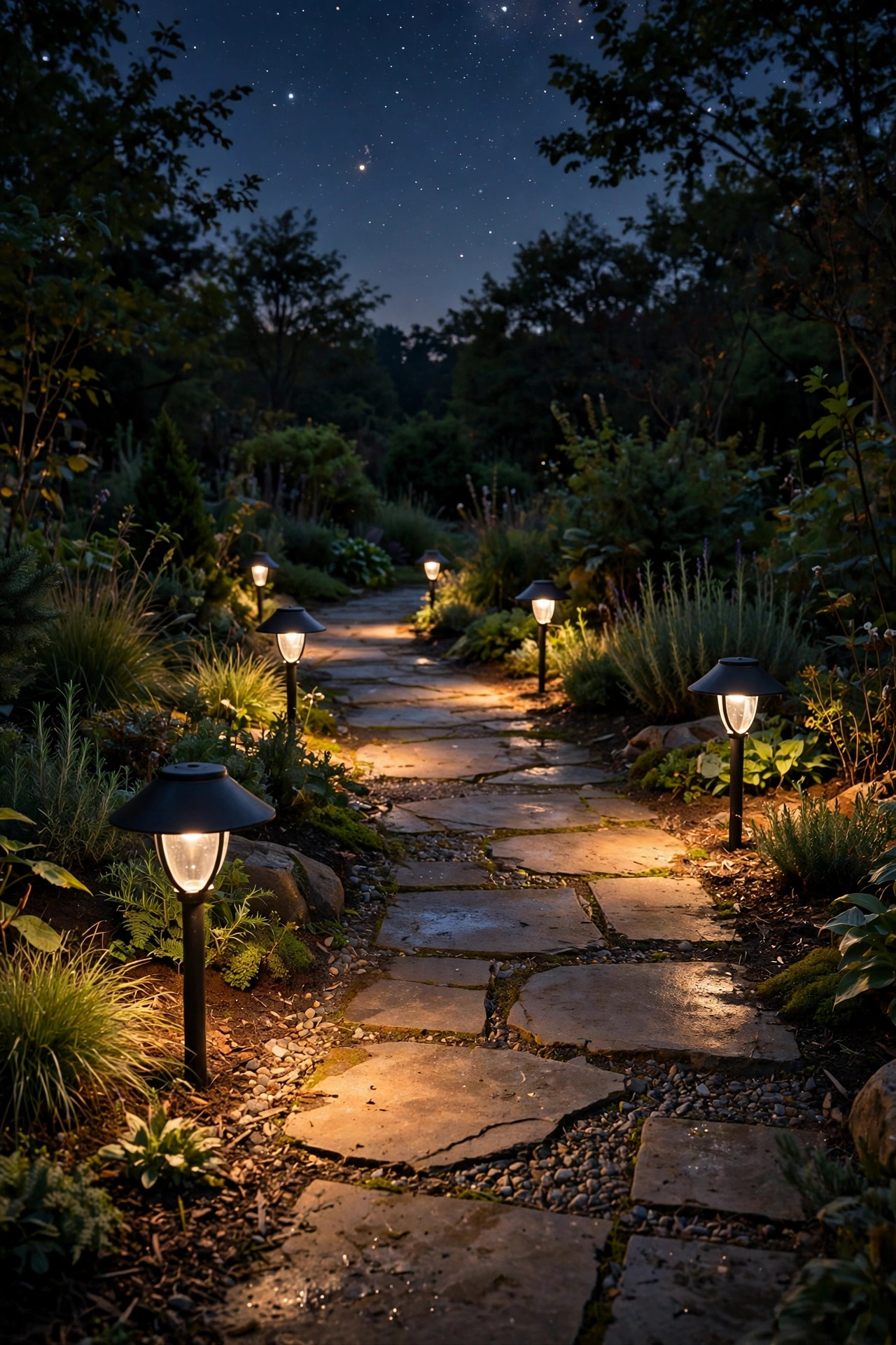 Shielded hooded path lights casting small warm pools of light onto a garden walkway at night with stars overhead