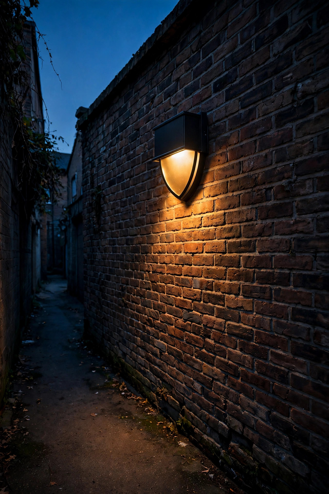 Shielded dark sky wall fixture on a brick garage wall casting warm light downward onto an alley at dusk