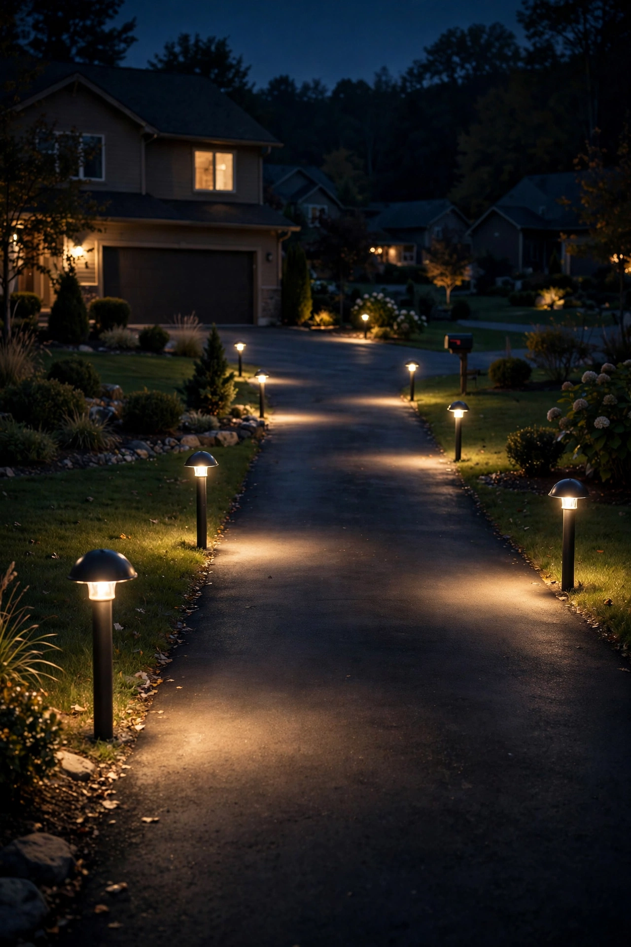 Short dome-style driveway bollard lights casting soft pools of light along a dark driveway