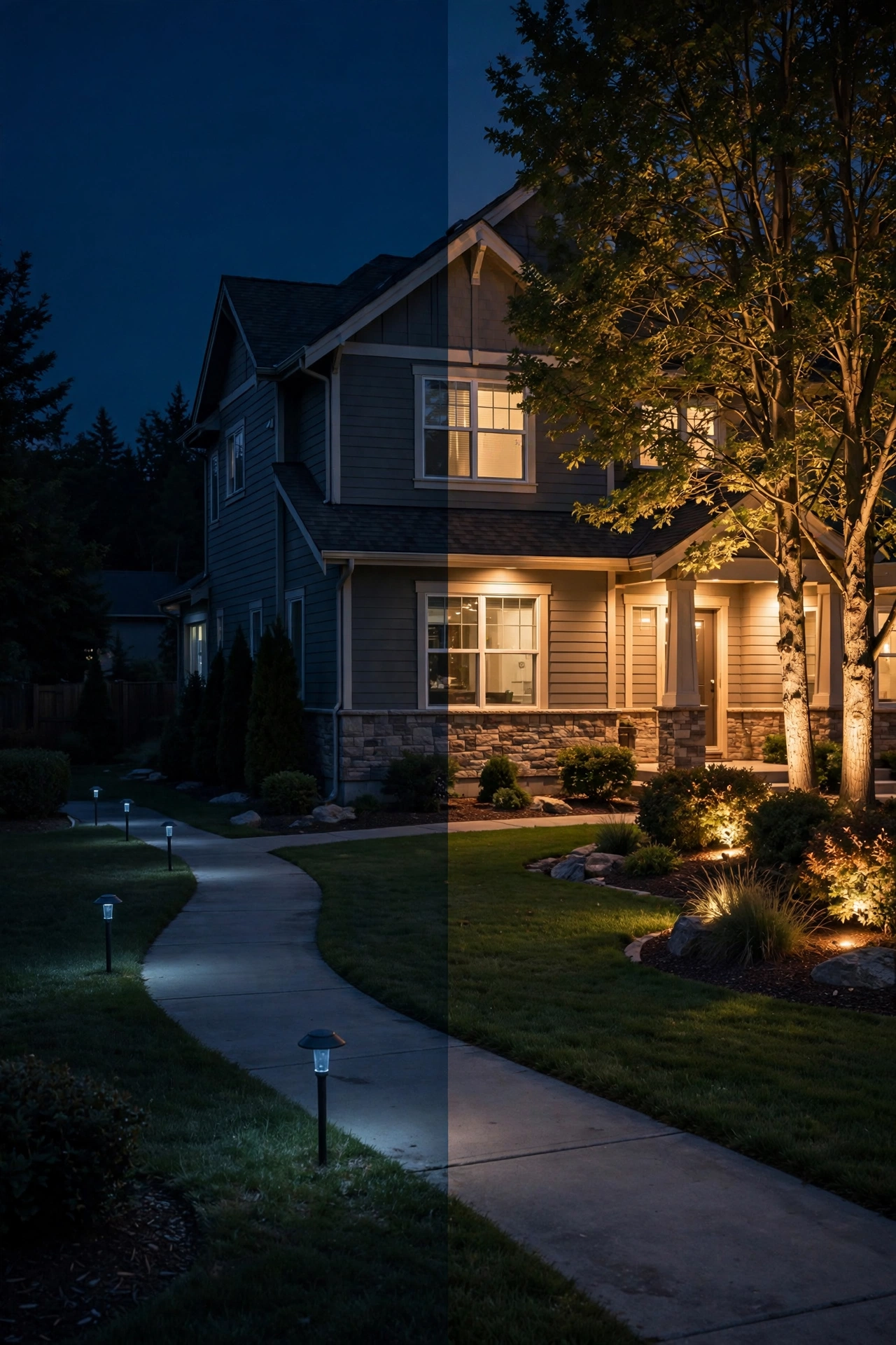Side-by-side comparison of DIY and professionally installed landscape lighting at night