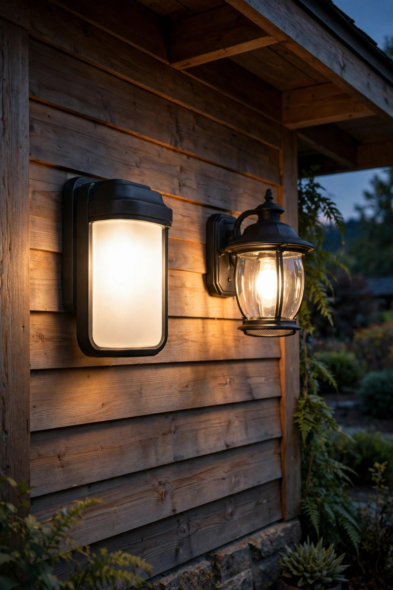 Two exterior wall sconces side by side at dusk, a sealed wet-rated fixture and a covered-porch damp-rated fixture glowing warm white