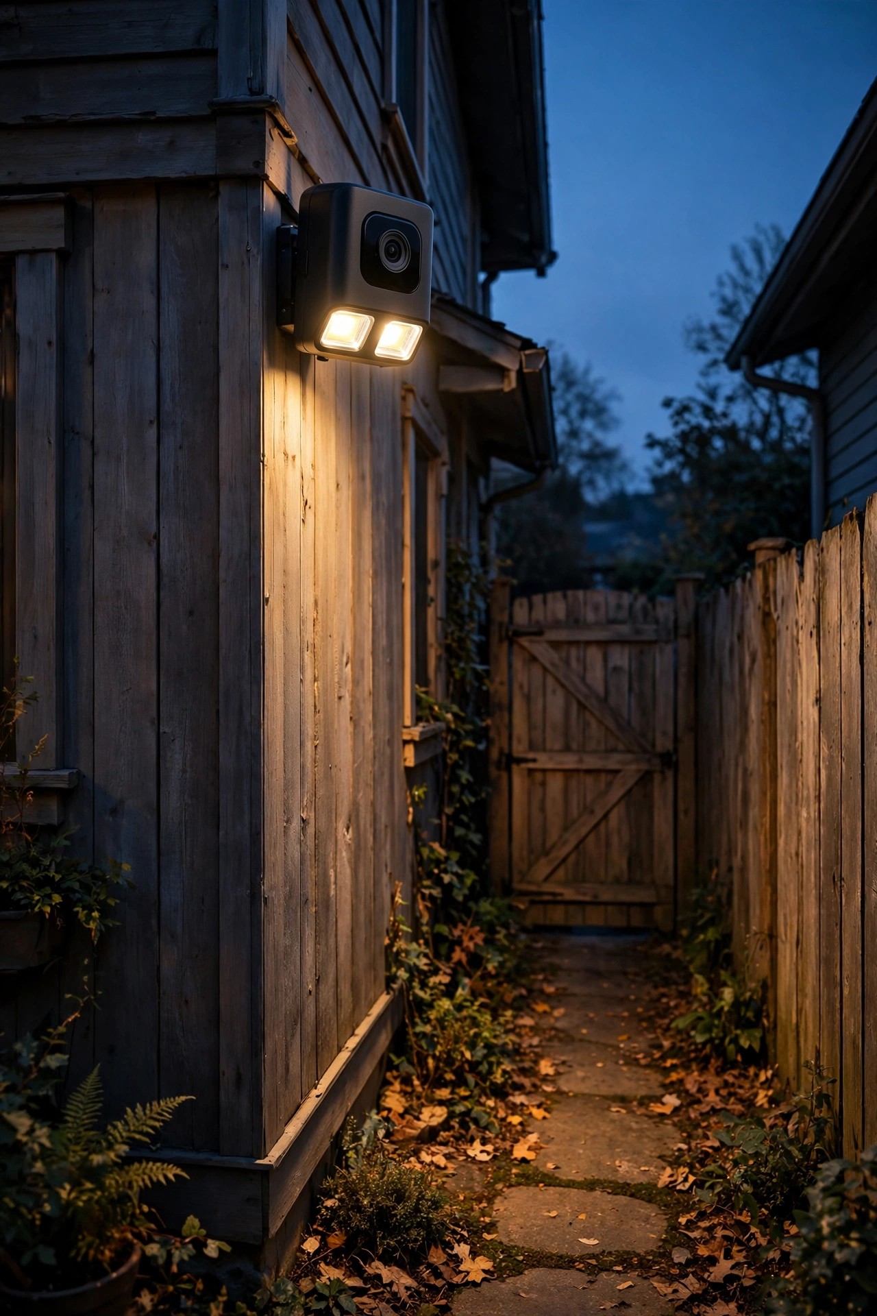 Compact flood light camera on a house corner lighting a narrow side yard and wooden gate at dusk with warm white light