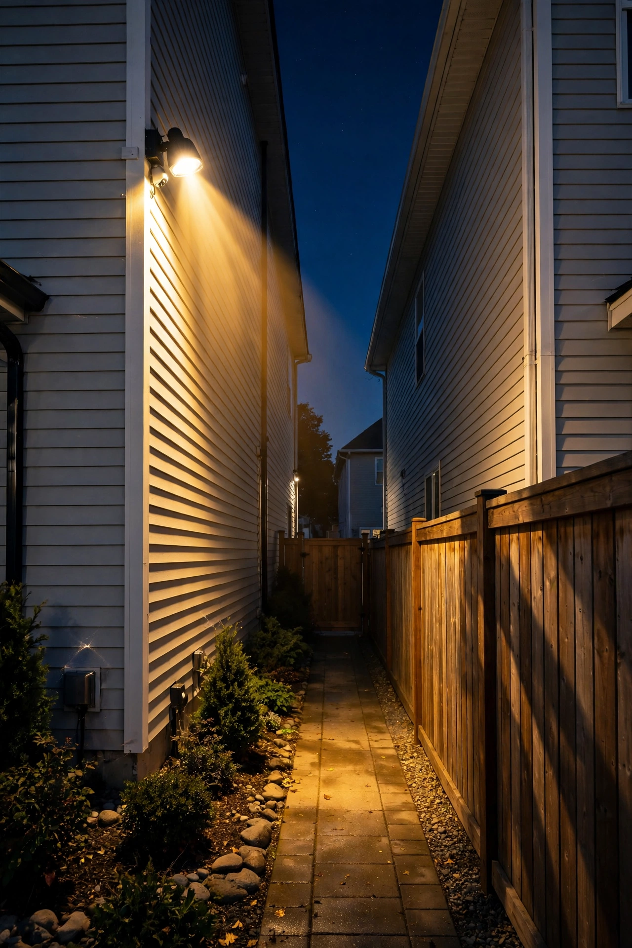 Narrow side yard between houses illuminated by a motion sensor floodlight mounted on the house corner